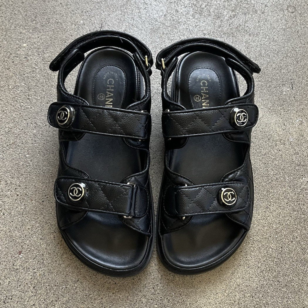 CHANEL Black Quilted Leather Logo Strappy Hook & Loop Sandals EU 38 US 7.5