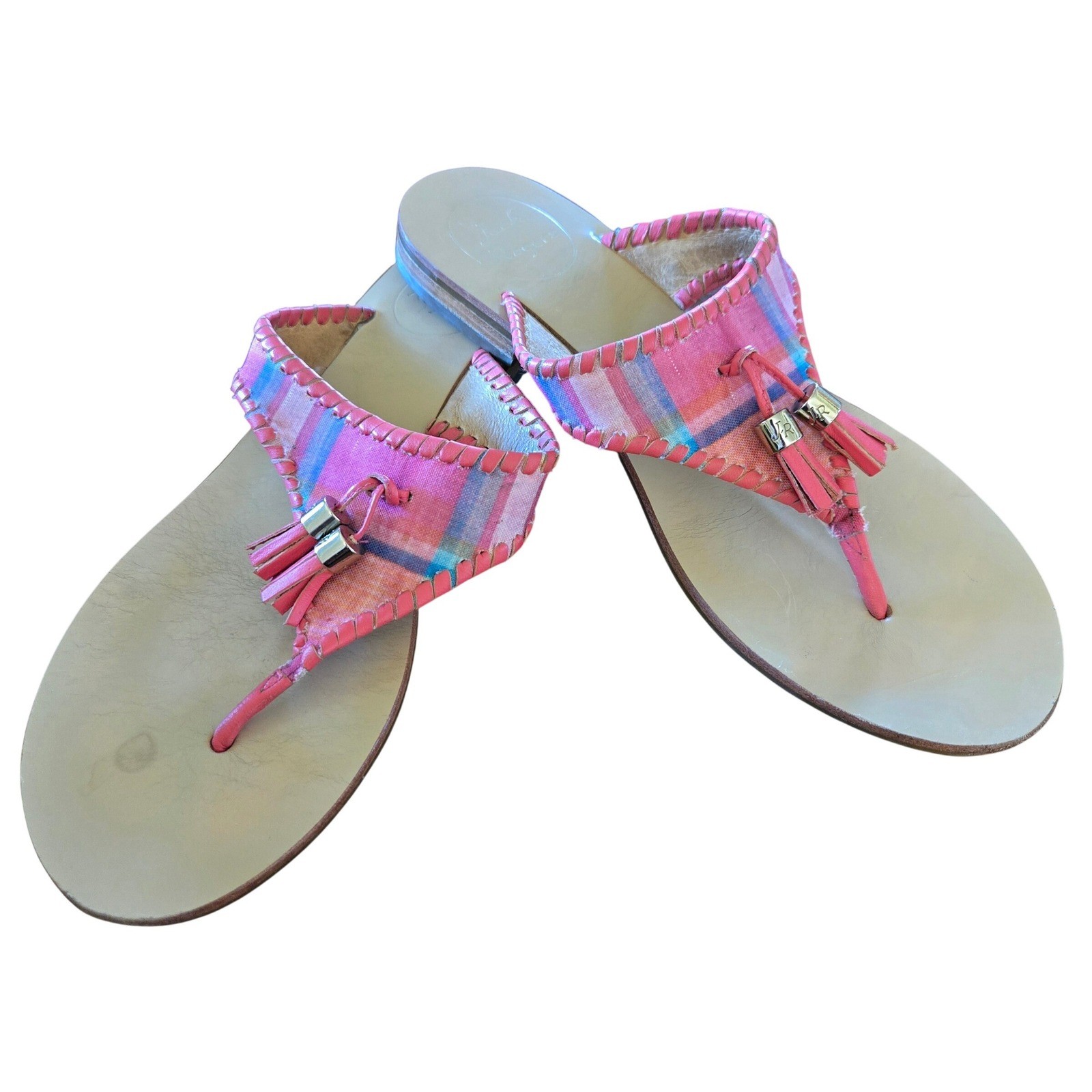 Jack Rogers Preppy Chic Women’s Sz 8 Alana Pink Madras Whipstitch Tassel Sandals