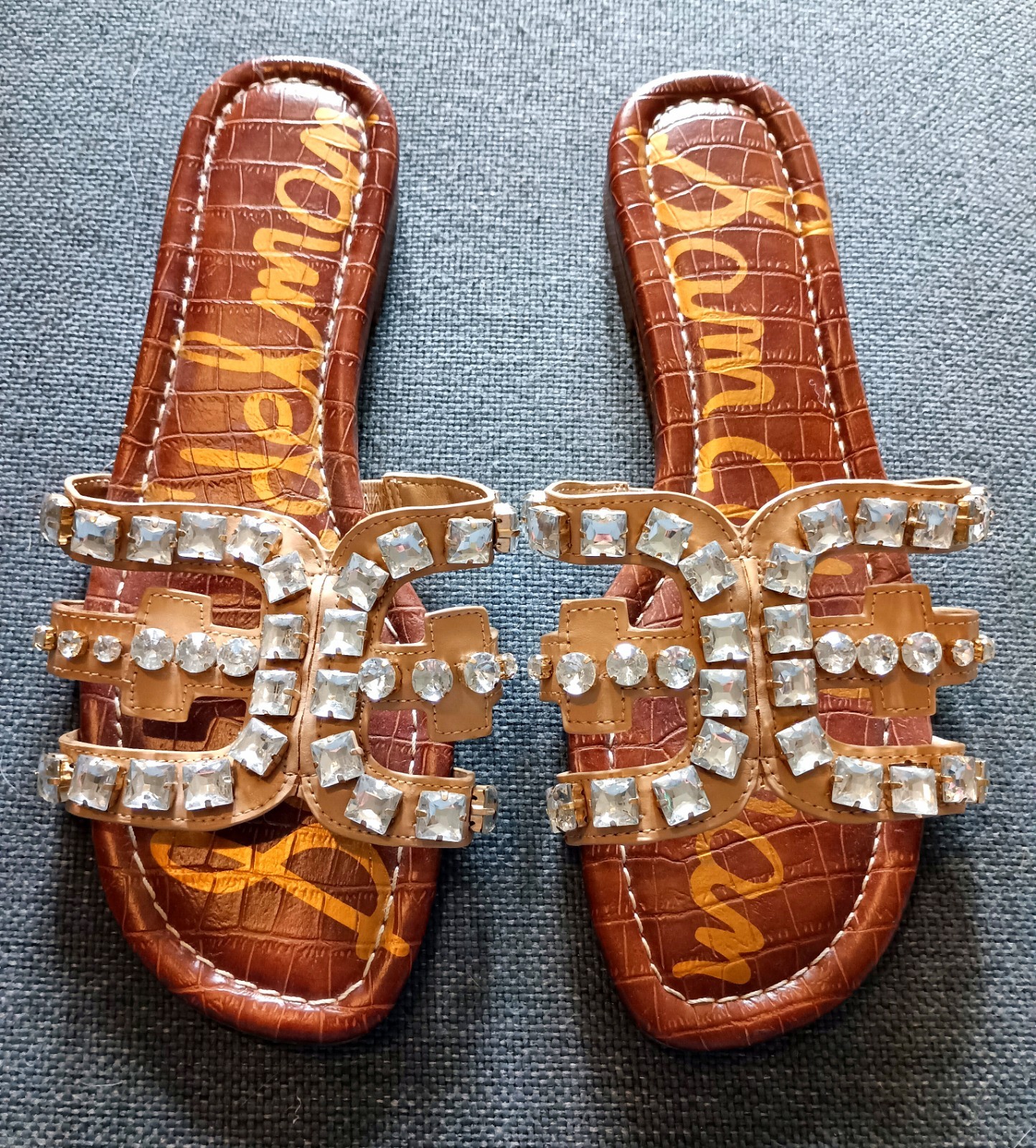 Sam Edelman Bay 8 Embellished Slide Sandals Nude Croc Print Rhinestone Sz 8M 38