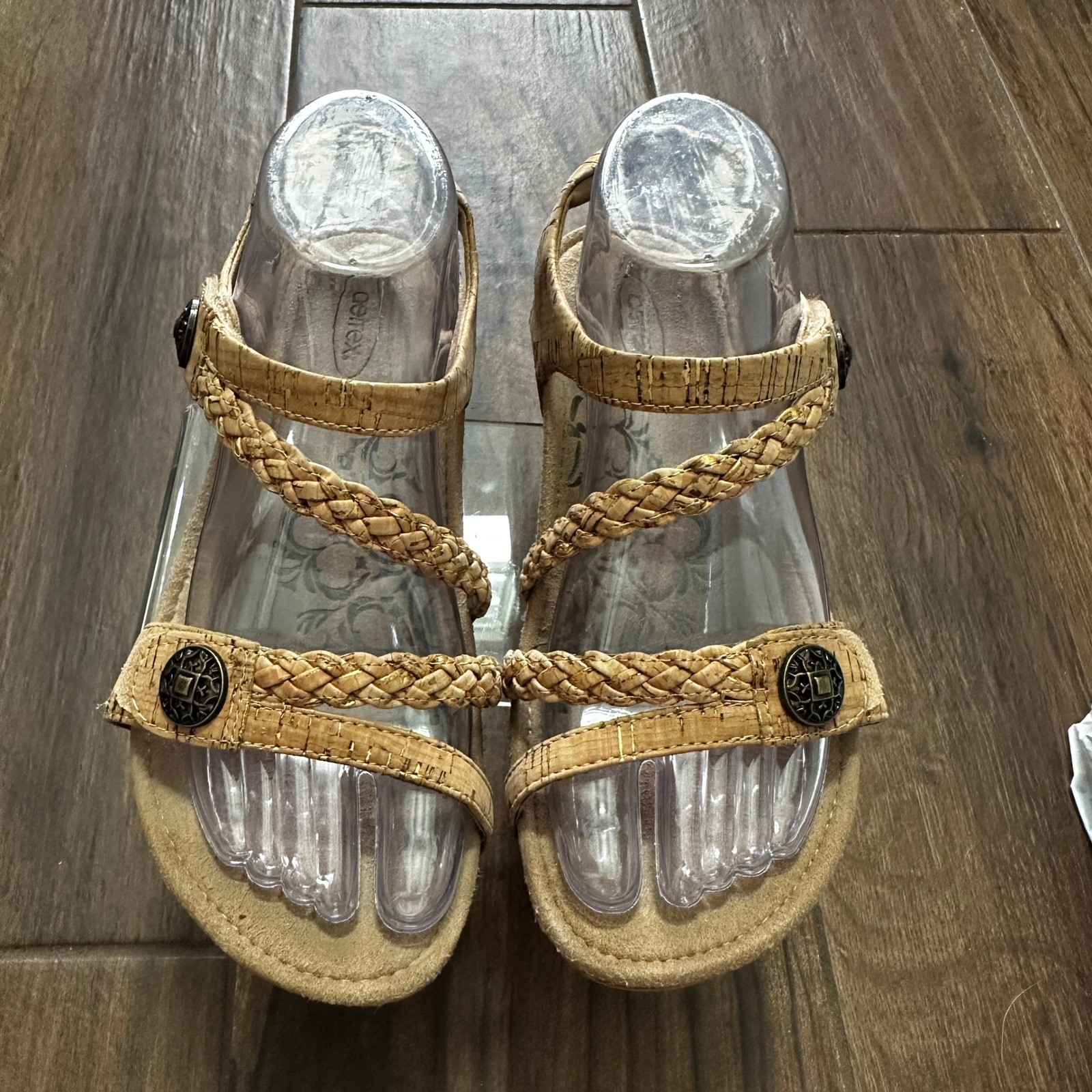 Aetrex Jillian Cork Braided Strappy Wedge Sandals Tan Bronze Medallion Women 7