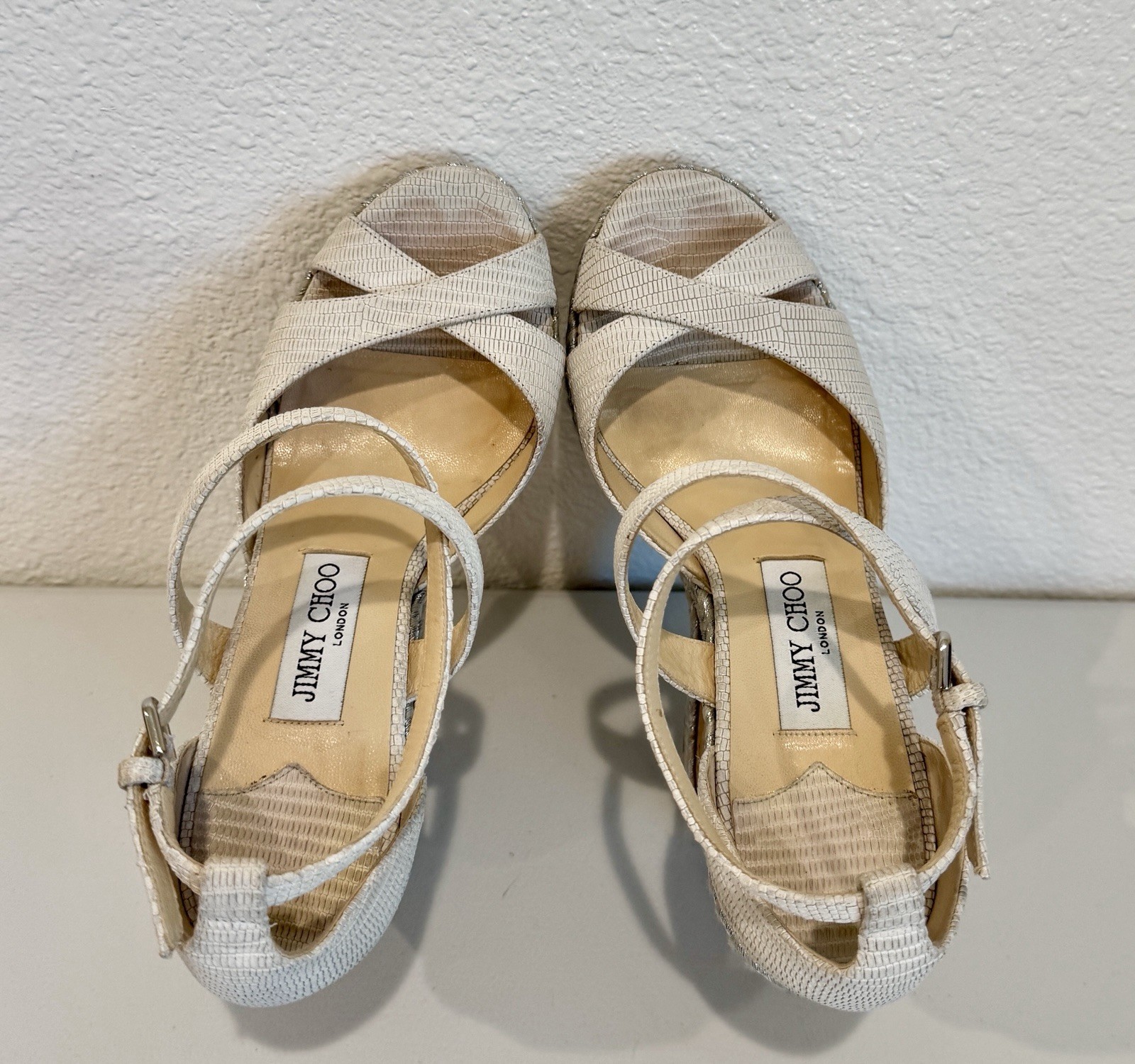 Jimmy Choo Alana Cork Wedge Espadrille Sandal Iridescent White EU 38, US 7