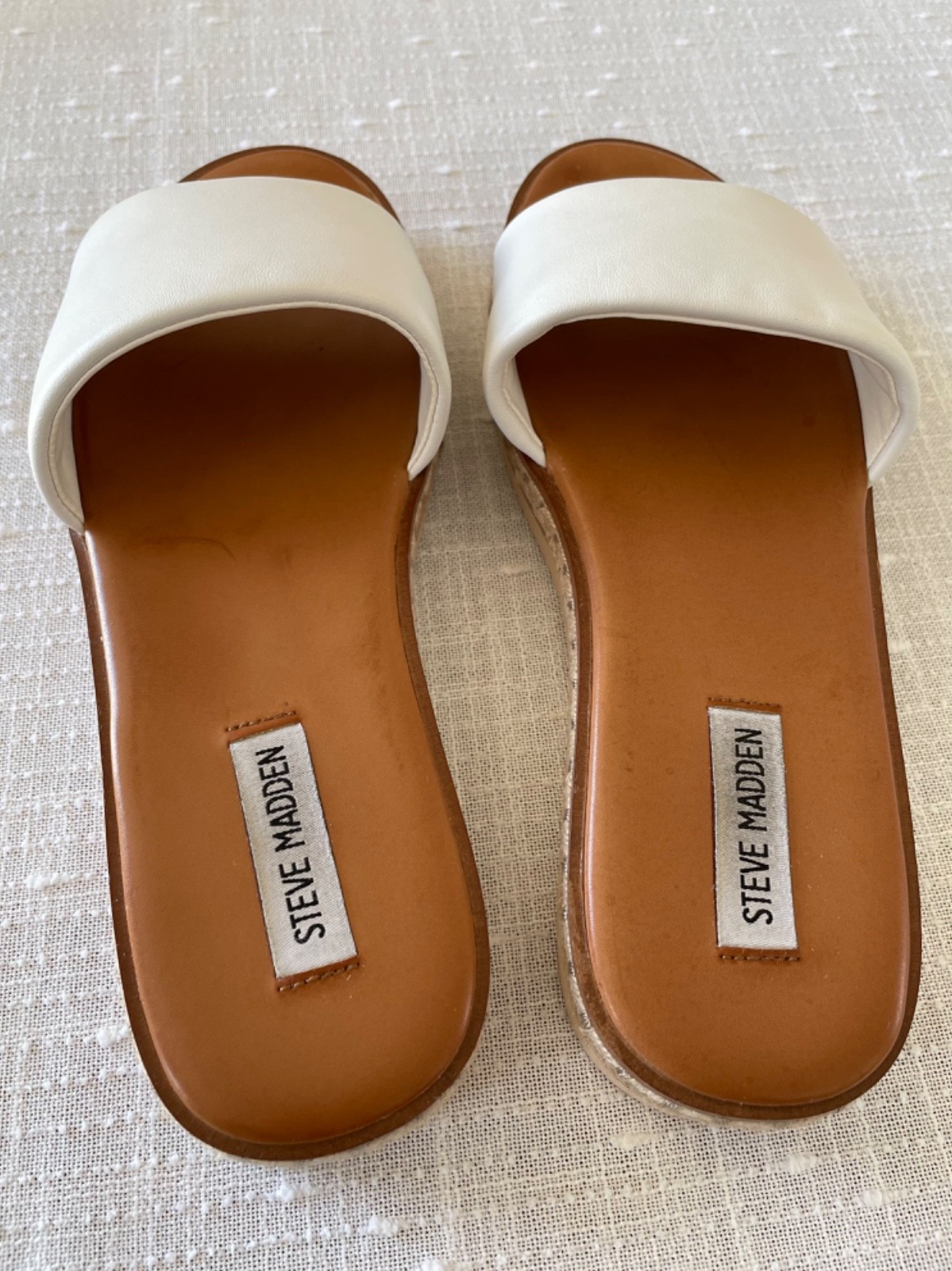 Steve Madden Size 9 White and Brown Slides w Braided Rope Accent