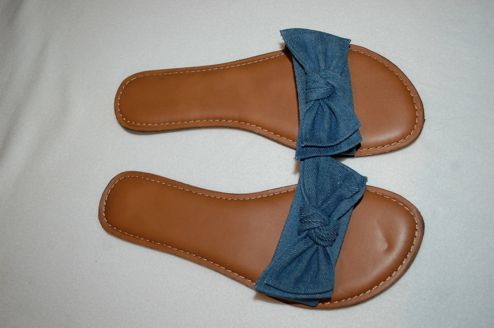 Womens Sandals BLUE DENIM LOOK SLIDES Open Toe KNOTTED BOW Size 6 7 8 9 10 11