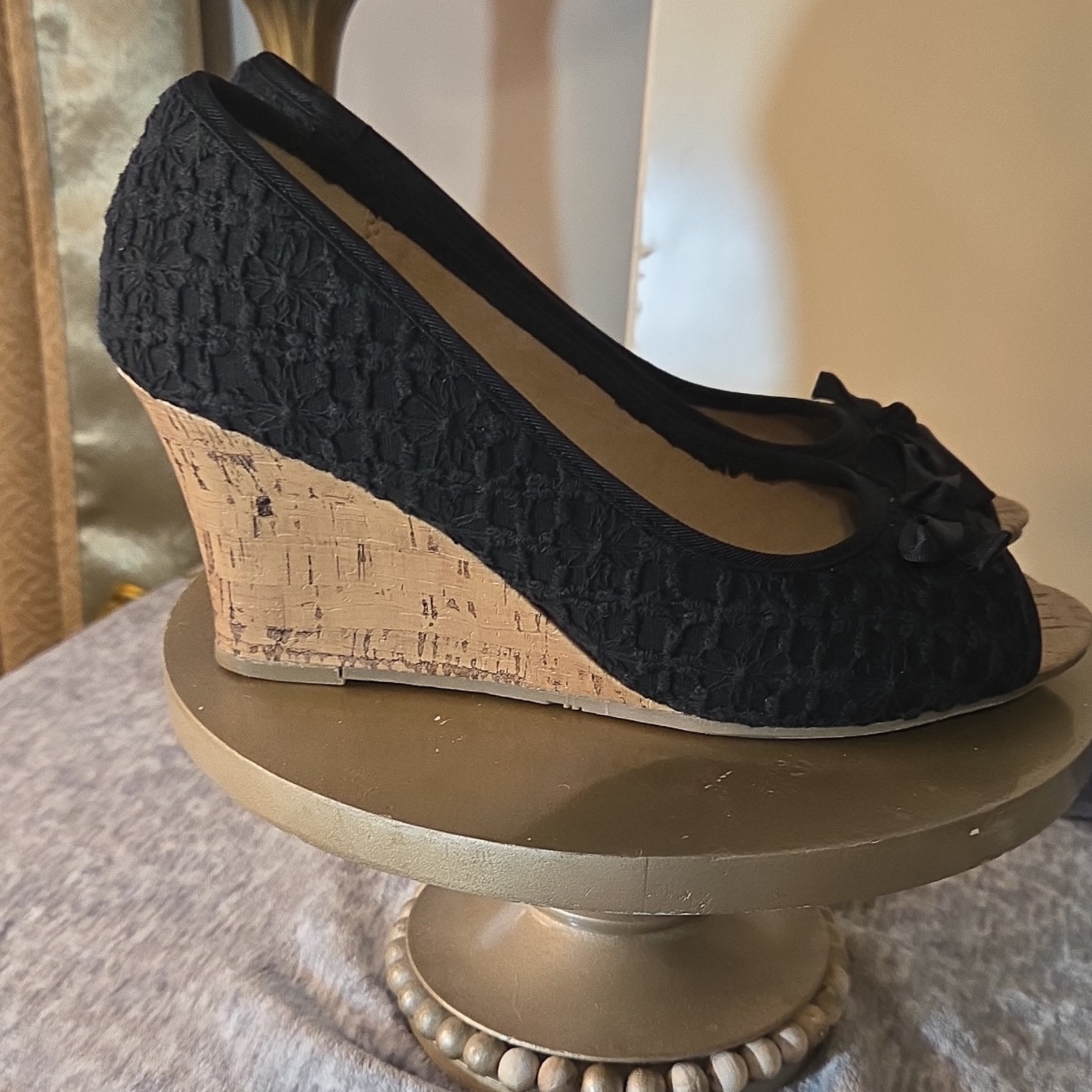 REPORT Black Fabric Crochet Bow Slip On Wedge Sandals Womens Casual