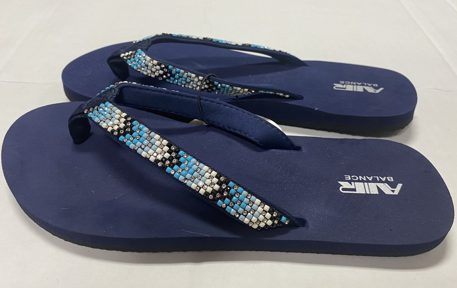 Air Balance Navy Beaded Strap Women’s 6 7 8 9 10 11 Flip Flops Beach Sandals