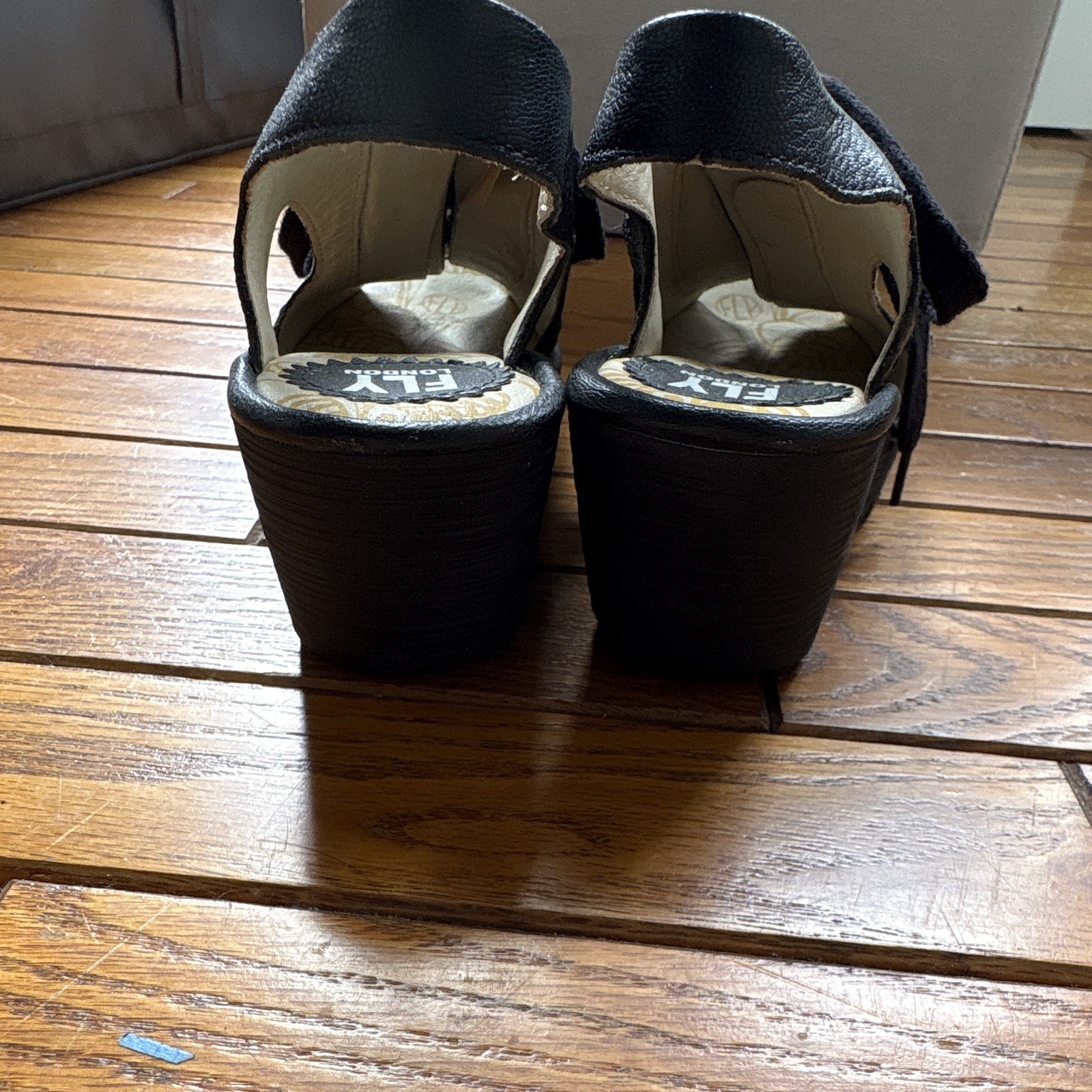 FLY London Black Leather Wedge Slingback Sandals Tie Closure Ankle Strap 6