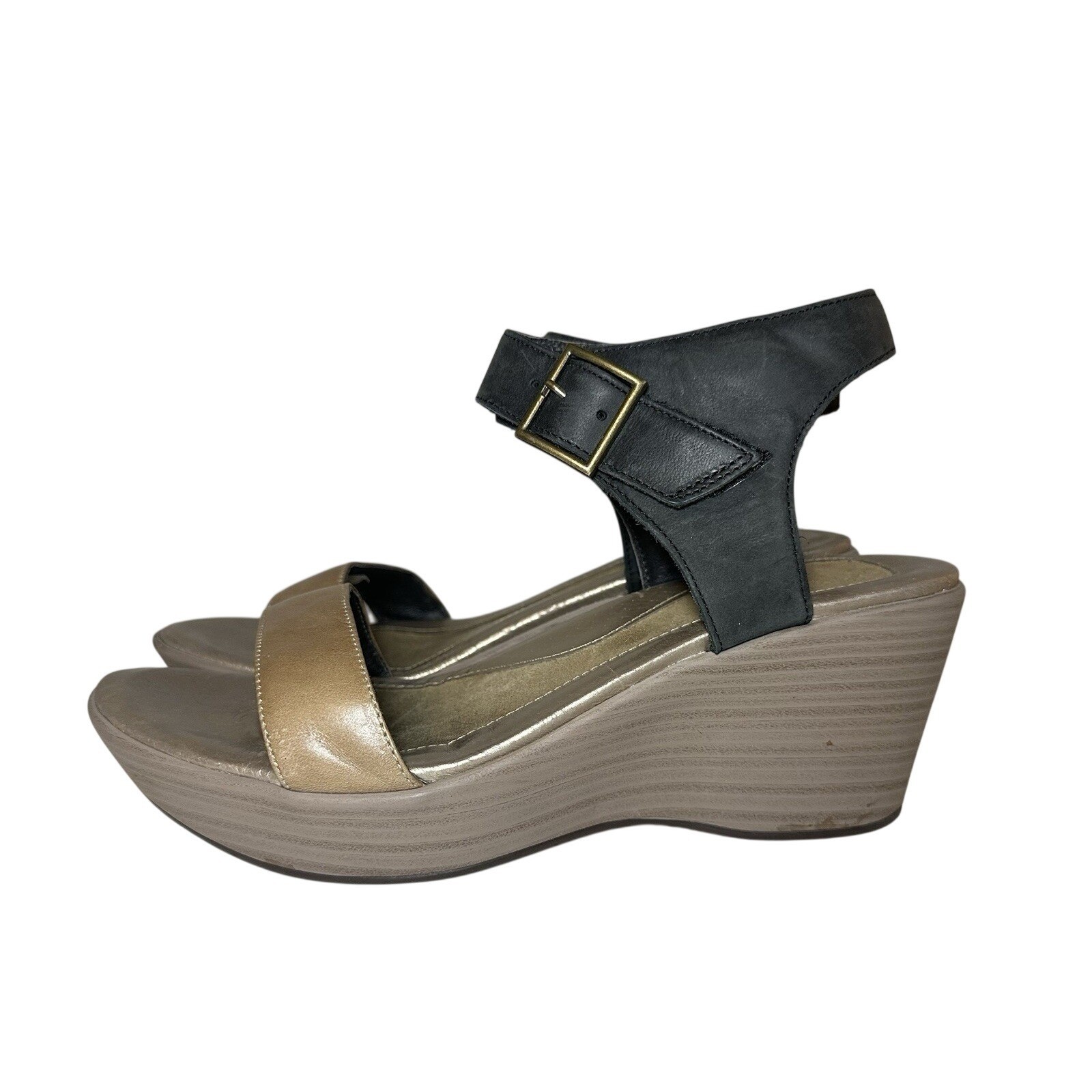 NAOT Women’s US 10-10.5 EU 41 Caprice Wedge Black Tan Leather Chunky Sandals