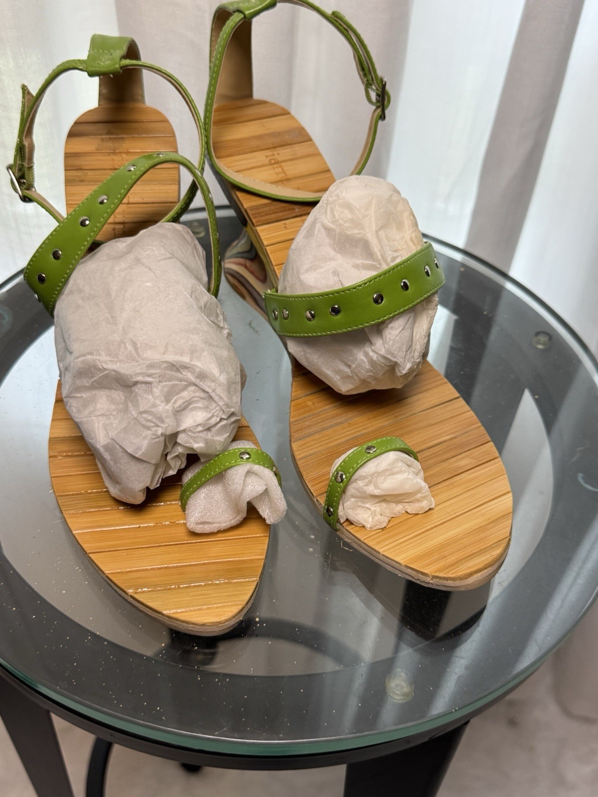 Women’s Green Strappy Wedge Sandals Studded Adjustable Ankle Strap Buckle