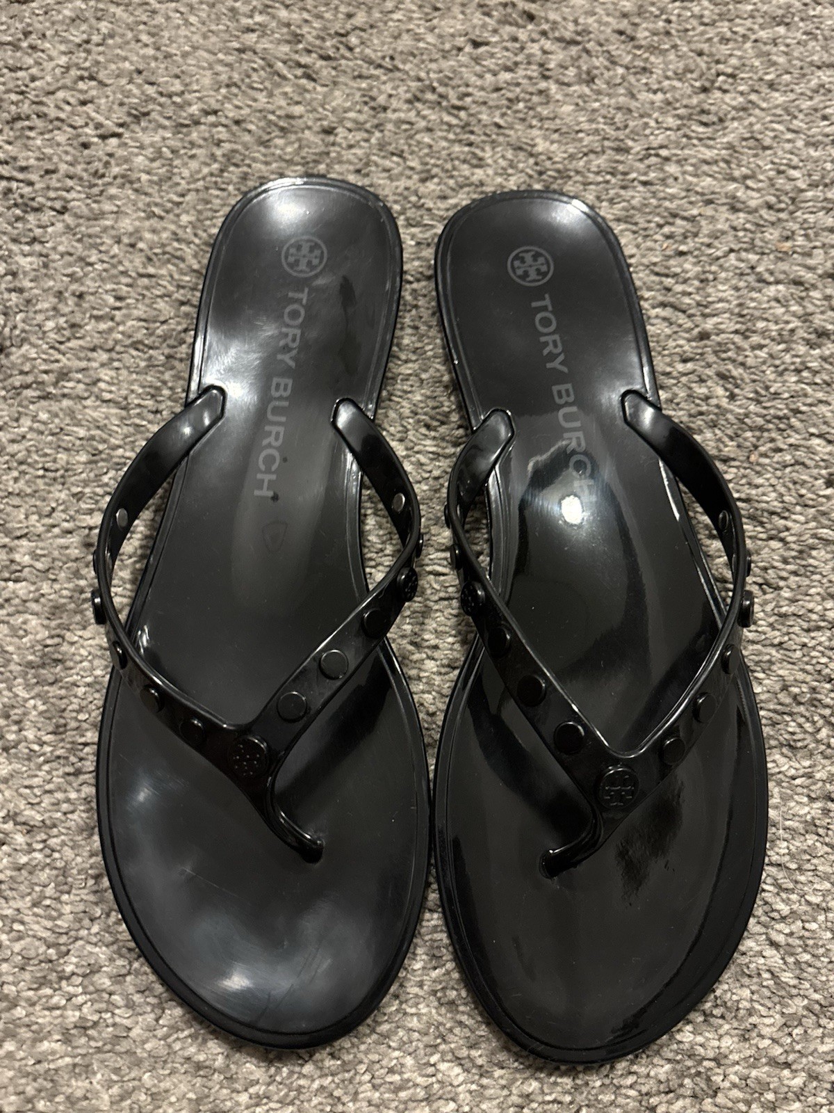 Tory Burch Women’s Sz 10 Black Logo Flip Flop Sandal Rivets Jelly Spring Summer