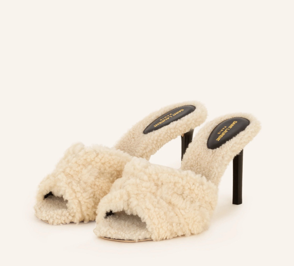 Saint Laurent Tribute 85 38.5/US 8.5 Shearling Sandals Natural Stiletto Heel NIB