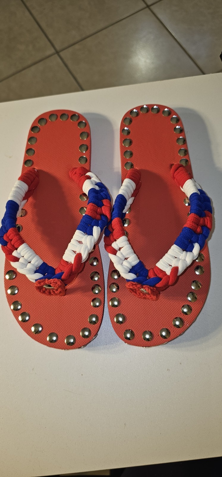 Women’s Red White Blue Braided Strap Studded Flip Flop Sandals Size 8.5