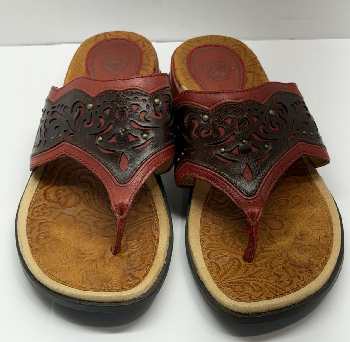 Ariat Copper Creek Boho Sandals Size 6.5 Leather Red Brown Studs Western Women’s