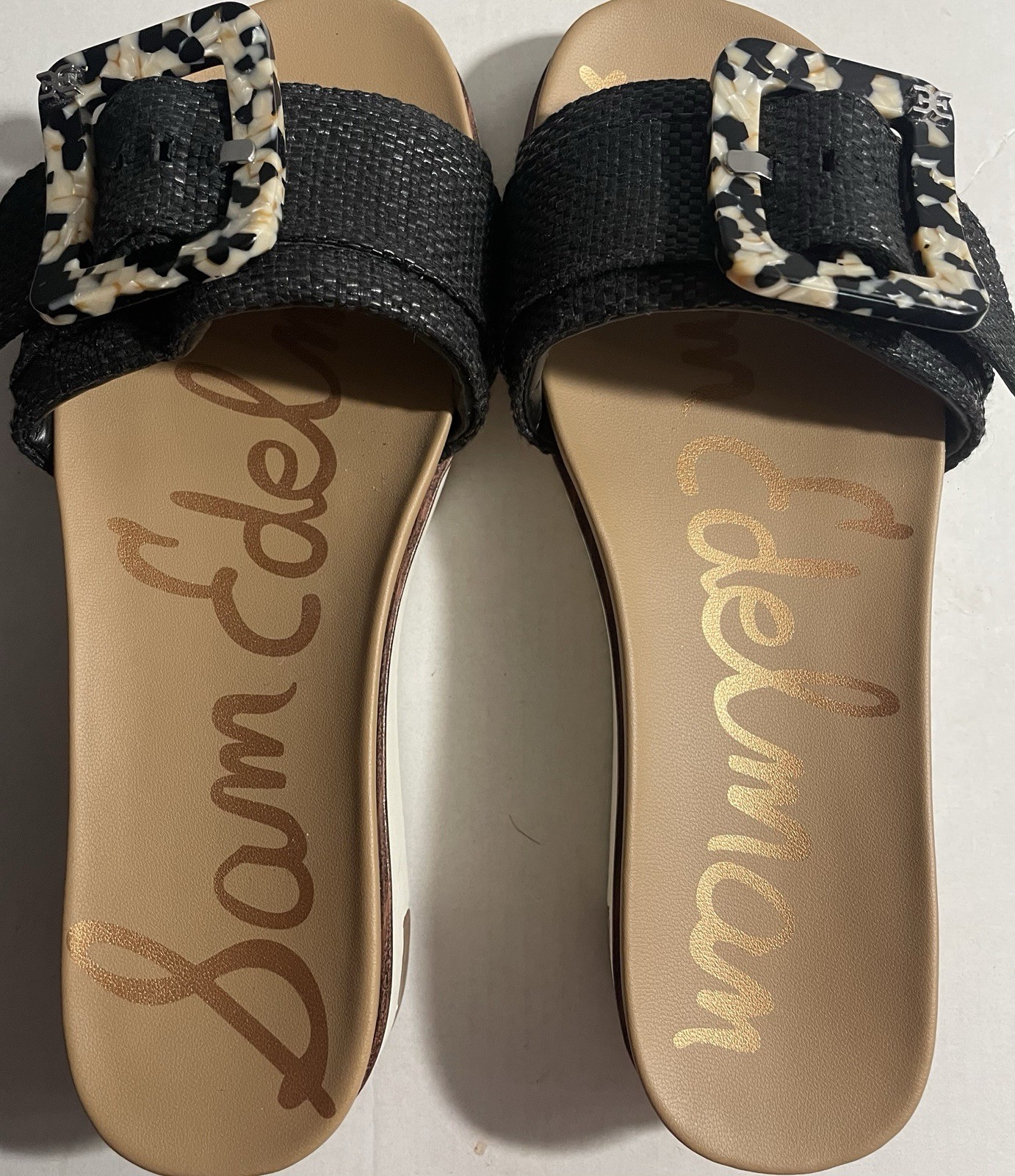 Sam Edelman Bay Slide Sandals Women’s Size 6 Black Raffia Tortoise Buckle