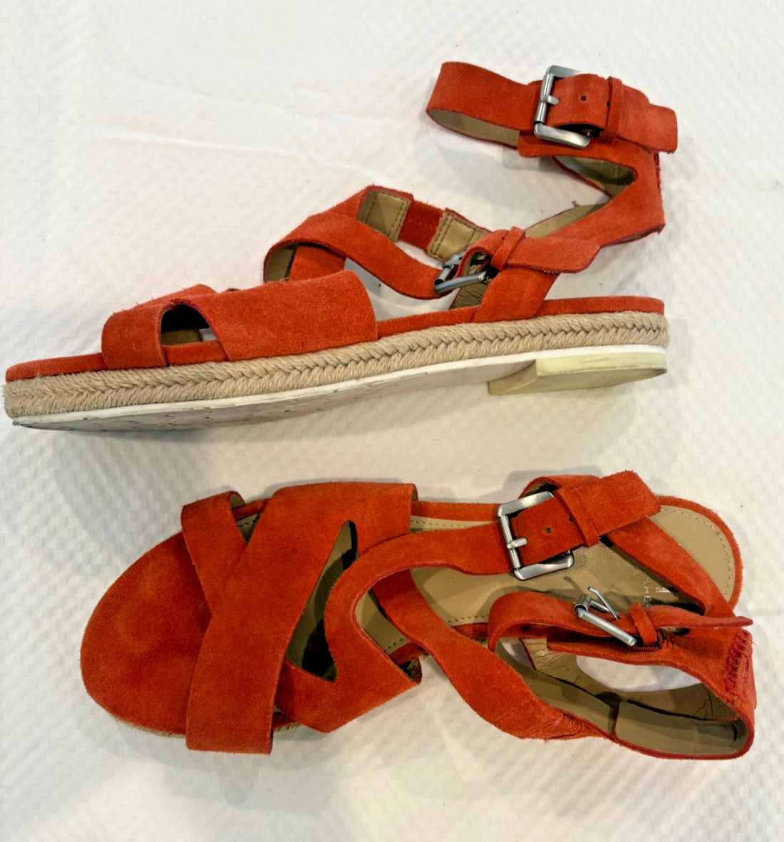 Marc Fisher Orange Genuine Leather Rope-soled Flat Sandals with Ankle Wrap. Sz 8