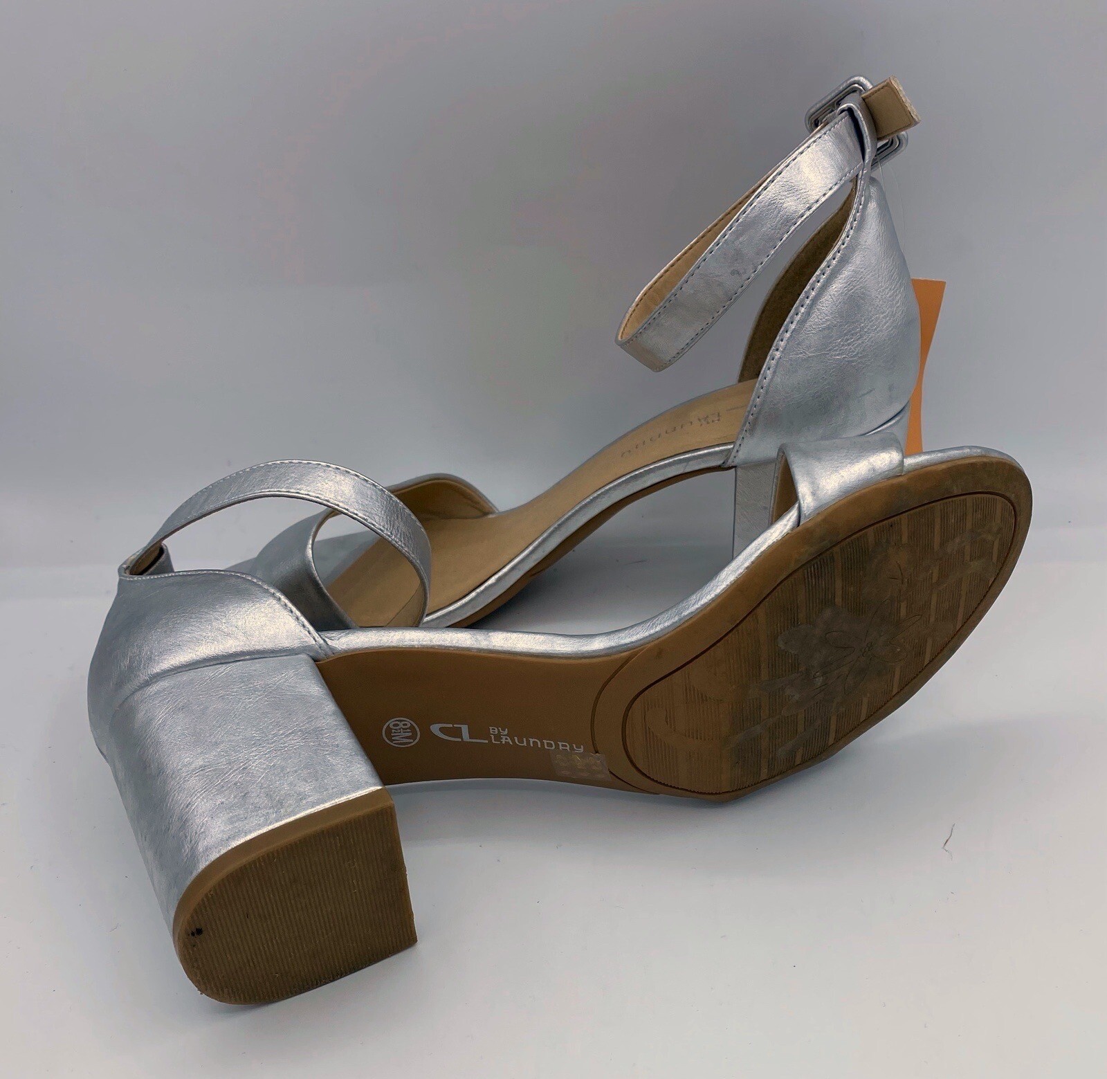 CL by Laundry Womens Silver Buckle Ankle Strap Block Heel Sandals Size 8.5