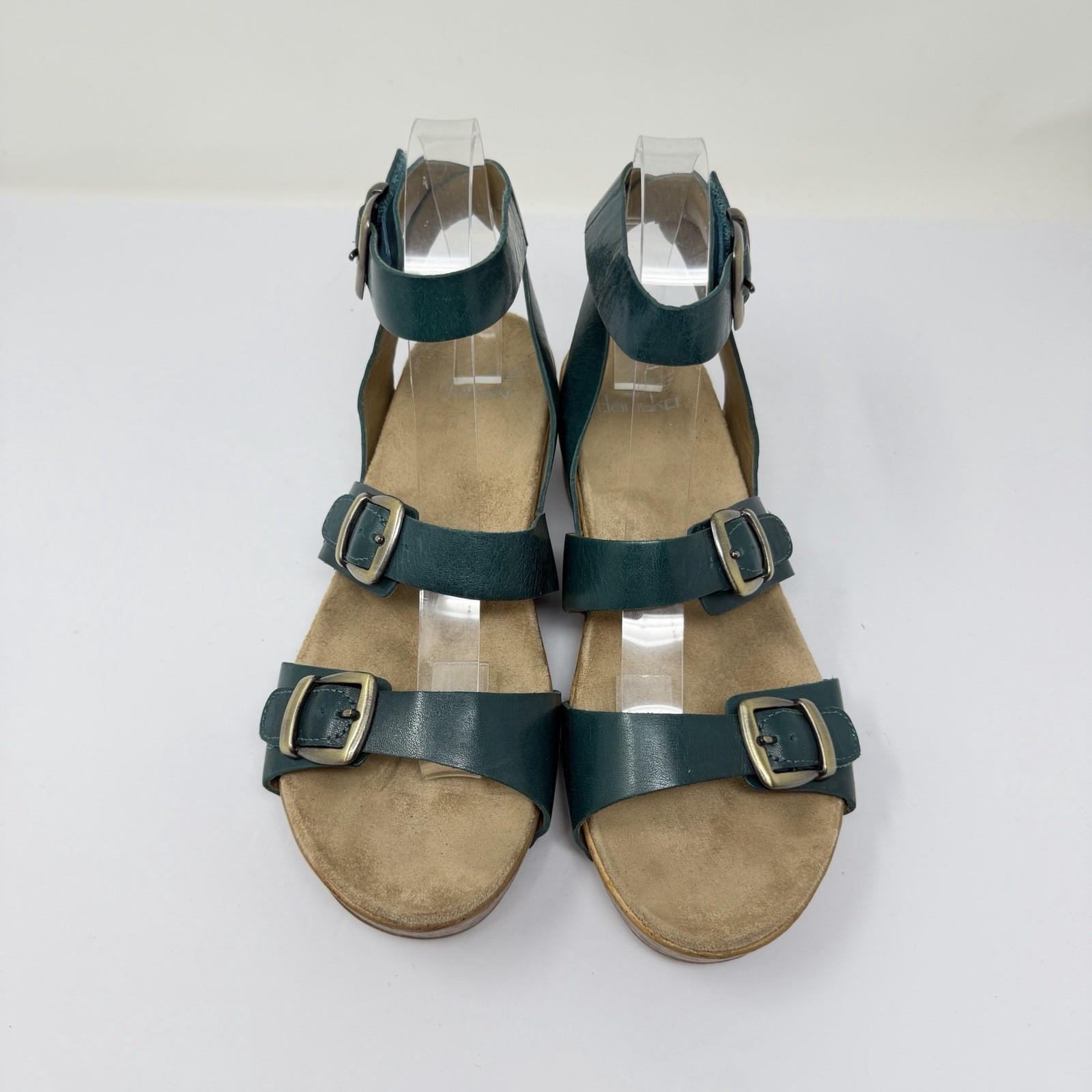 Dansko Lou Women’s 39 8 Wedge Sandals Ankle Strap Teal Green Leather Comfort