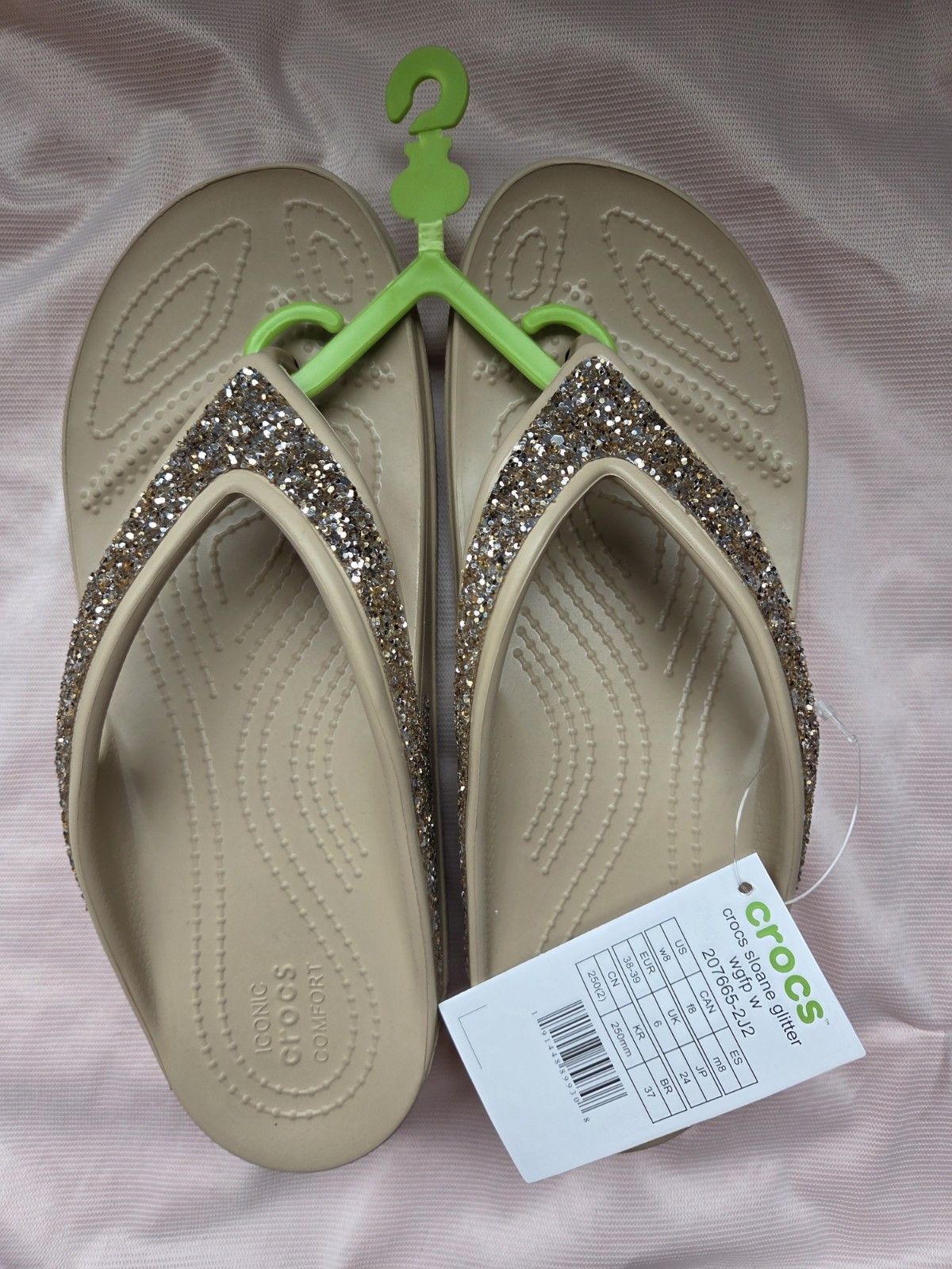 Crocs SloaneGlitter FlipFlops Womens Size 8 NWT GoldChampagne Sandals 207665-2J2