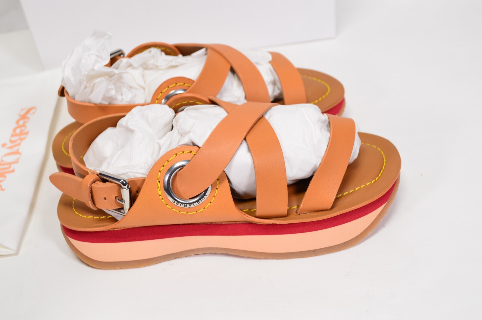 NIB See By Chloe Ysee Sandal Crisscross Flatform Tan Light Brown Size 38EU/US 8
