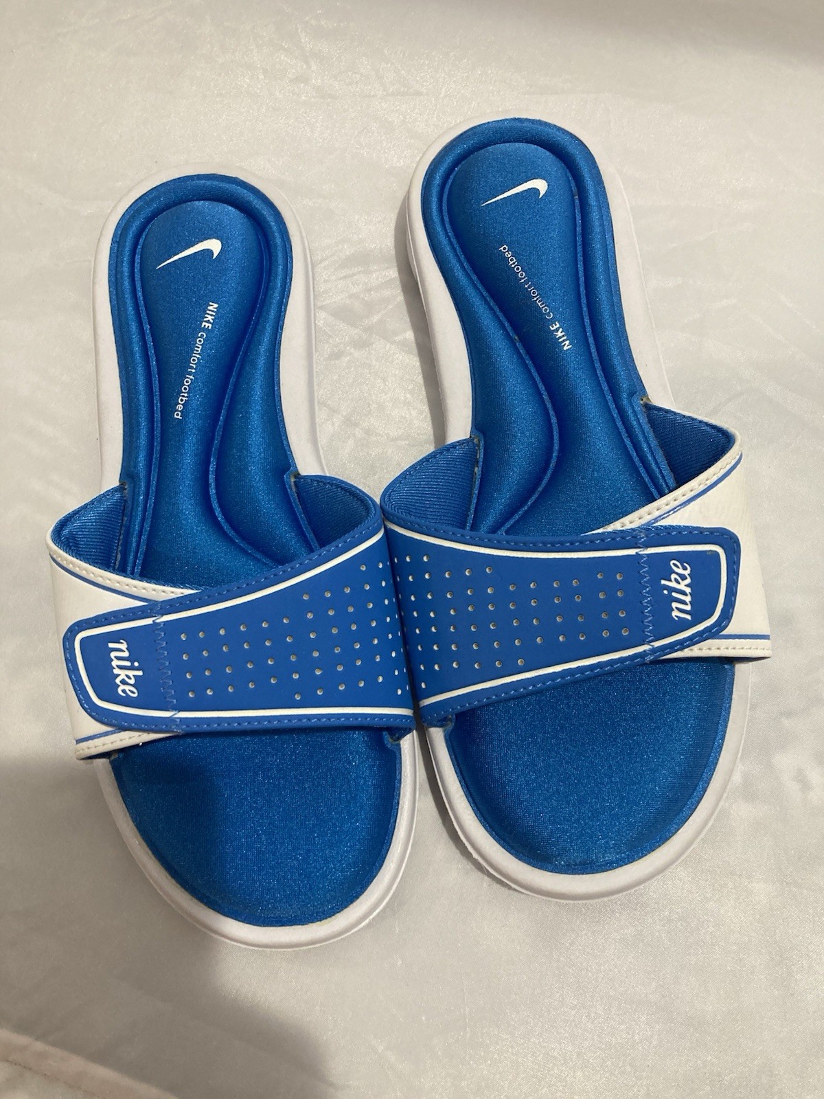 Nike Comfort Slide Sandals Women’s US 8 Blue/White Slip-On Synthetic Logo
