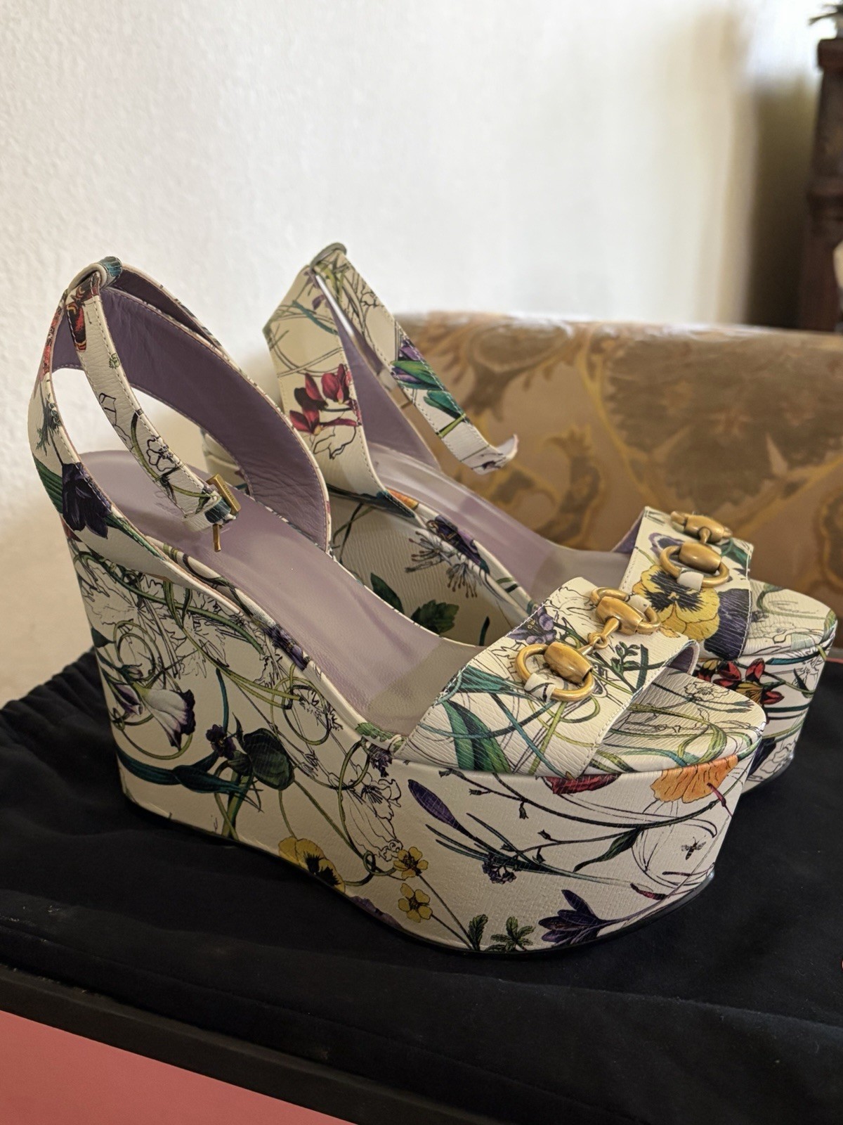 Gucci Floral Canvas Horsebit Platform Wedge Slingback Sandals EU 37.5 ITALY