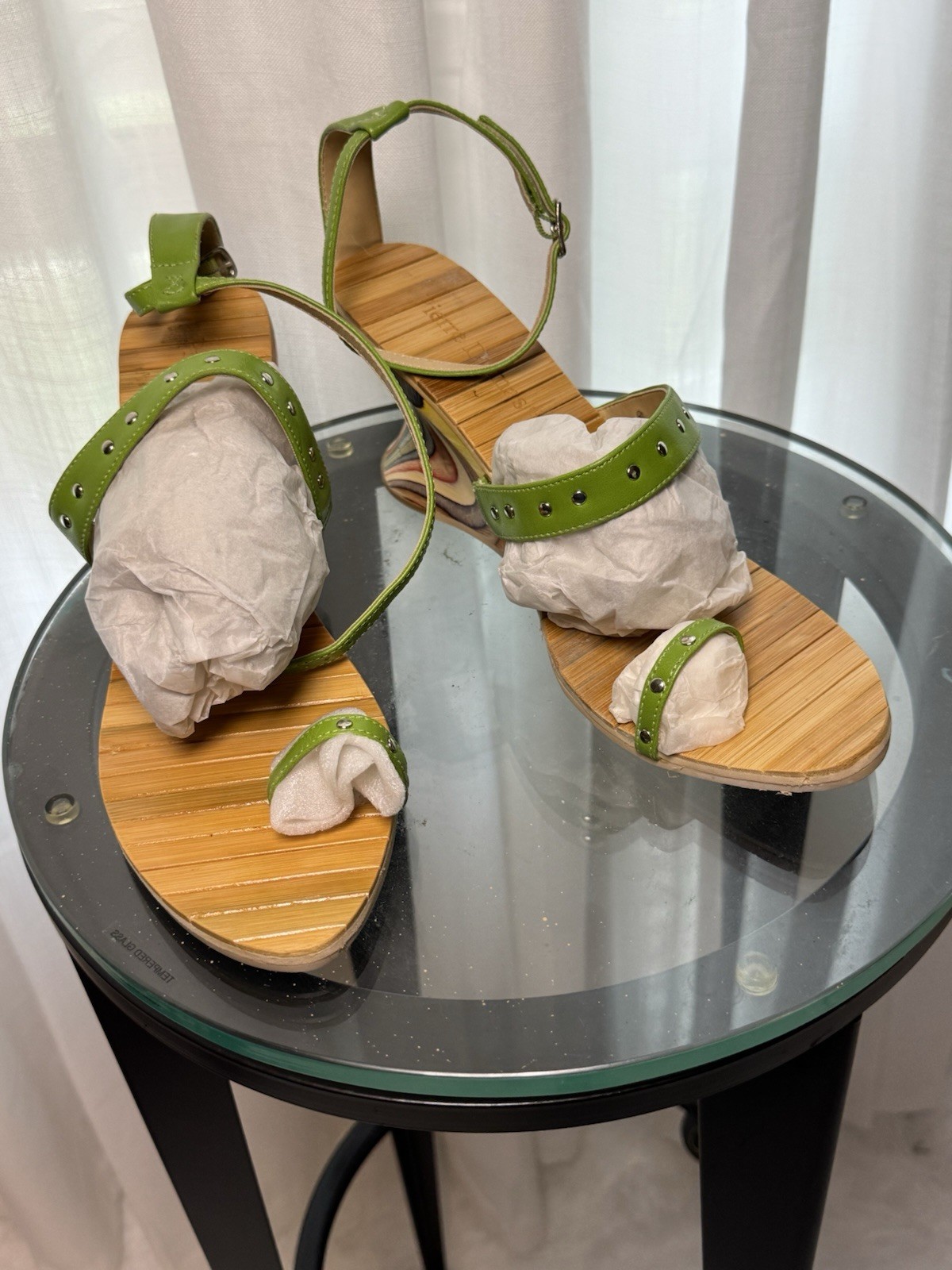 Women’s Green Strappy Wedge Sandals Studded Adjustable Ankle Strap Buckle
