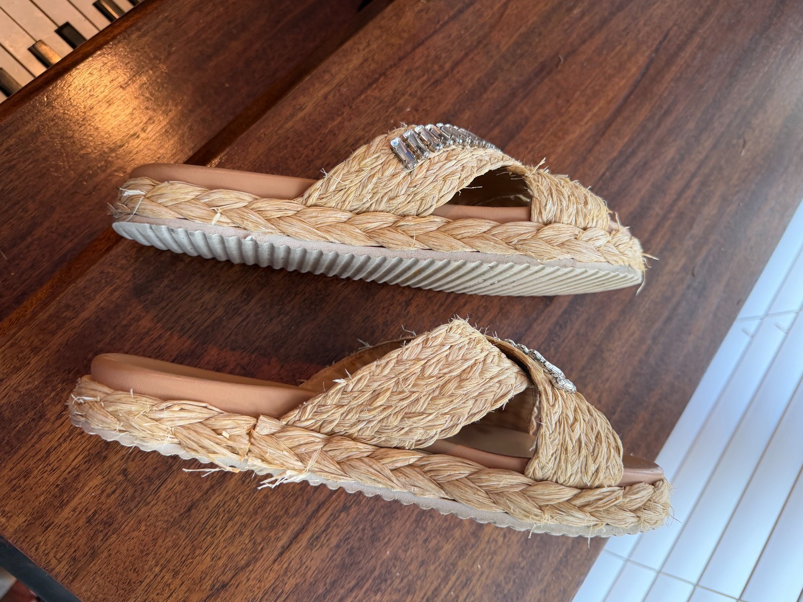 Prada Beige Raffia Crisscross sandals crystal embellished slides size 41