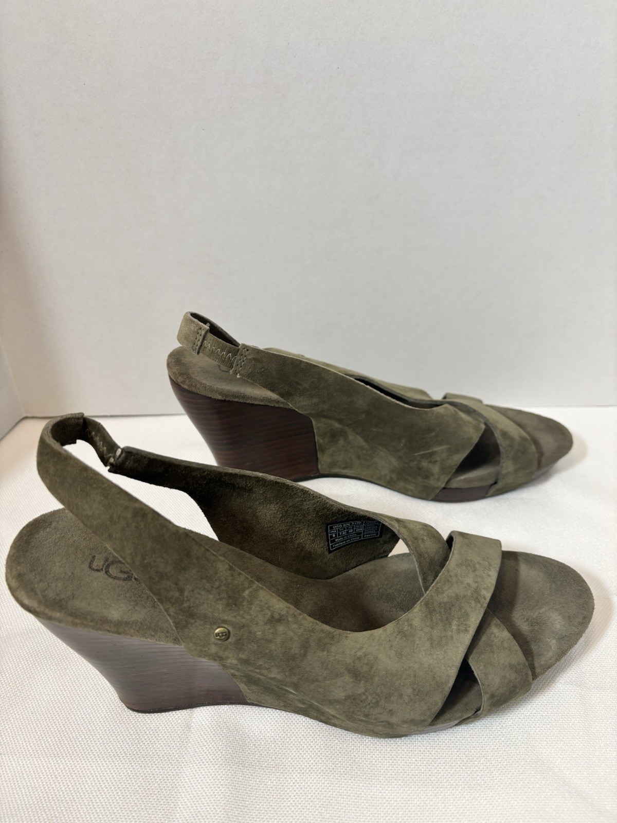 UGG Women’s Wood Wedge Olive Suede Strappy Sandals Size 9