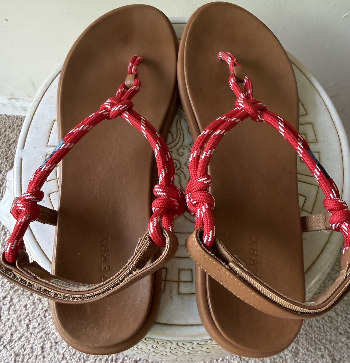 Sperry Isla T Bar Sandals Size 8.5 Red Rope