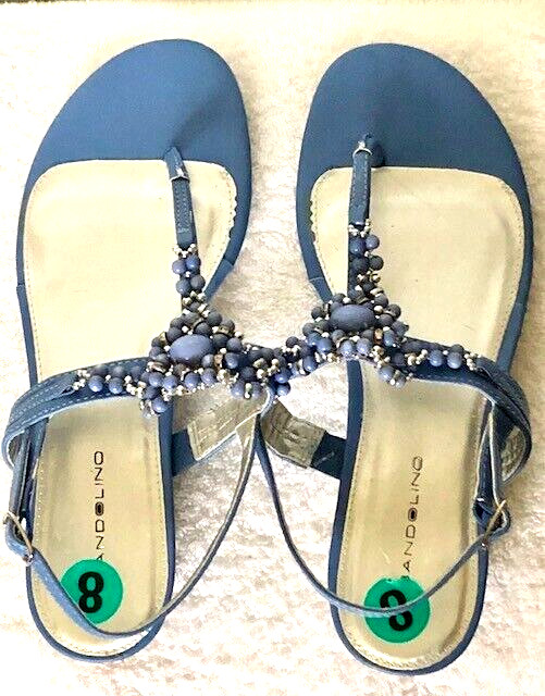 Women’s Blue BANDOLINO Ankle Strap Sandals 1.25 Heel Beaded T Design Size 8M NEW