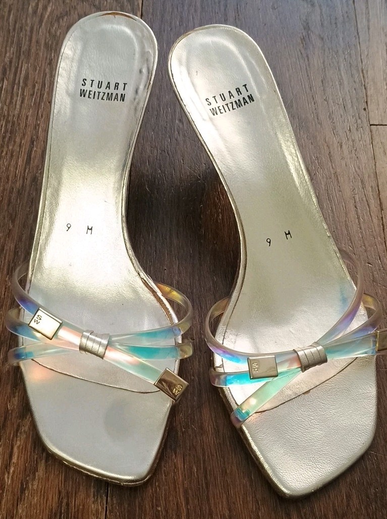 STUART WEITZMAN Iridescent 3 strap gold cap ends 2.5″ Heels Slide Sandals Sz 9 M