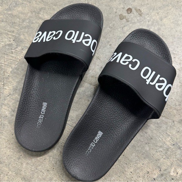 Roberto Cavalli Classic Logo Black Slide Sandals Size 8 Designer Luxury