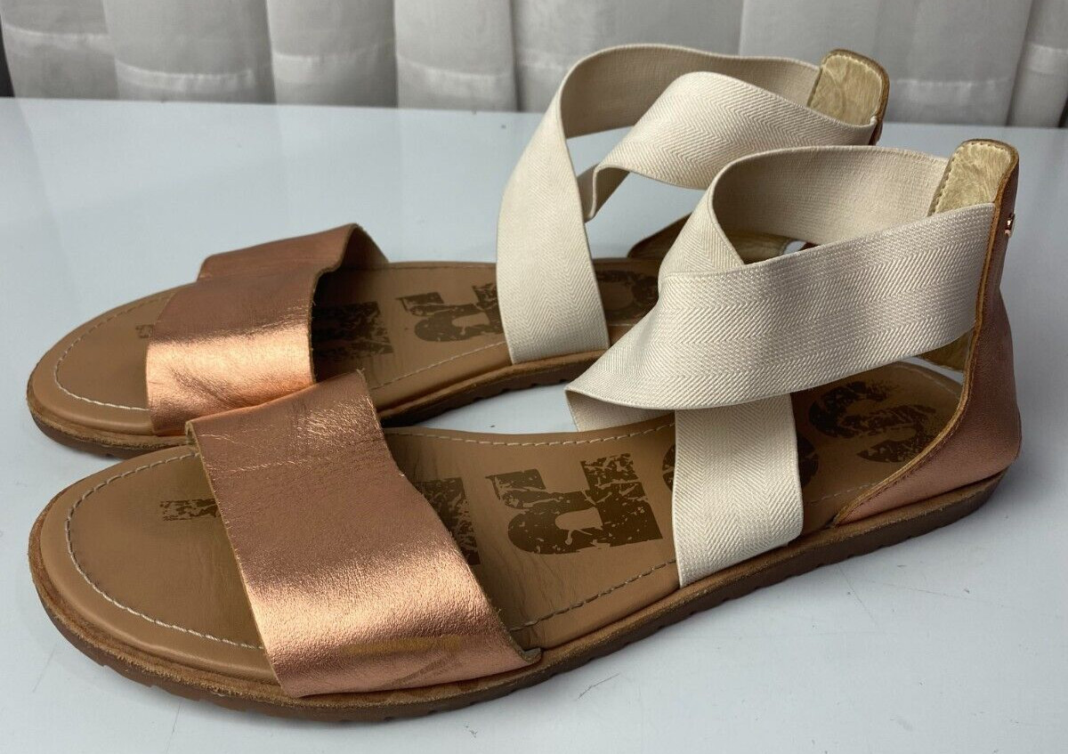 SOREL Ella 11 Sandal Flat Summer Women Casual Dress Shoes Stretch Straps Gold