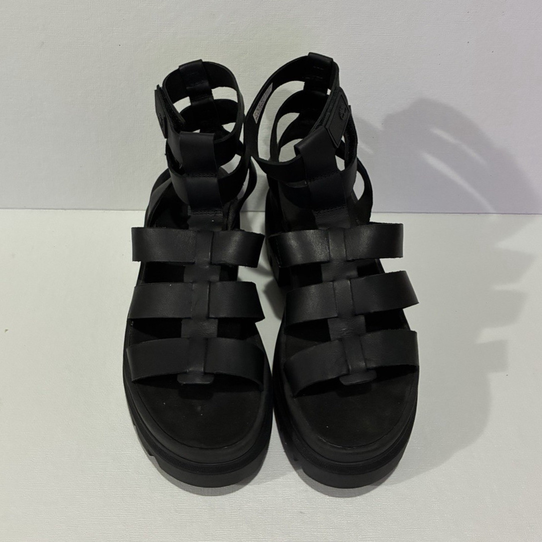 Women’s Timberline Black Leather Strappy Hook & Loop Adjustable Lug Sole Sandals