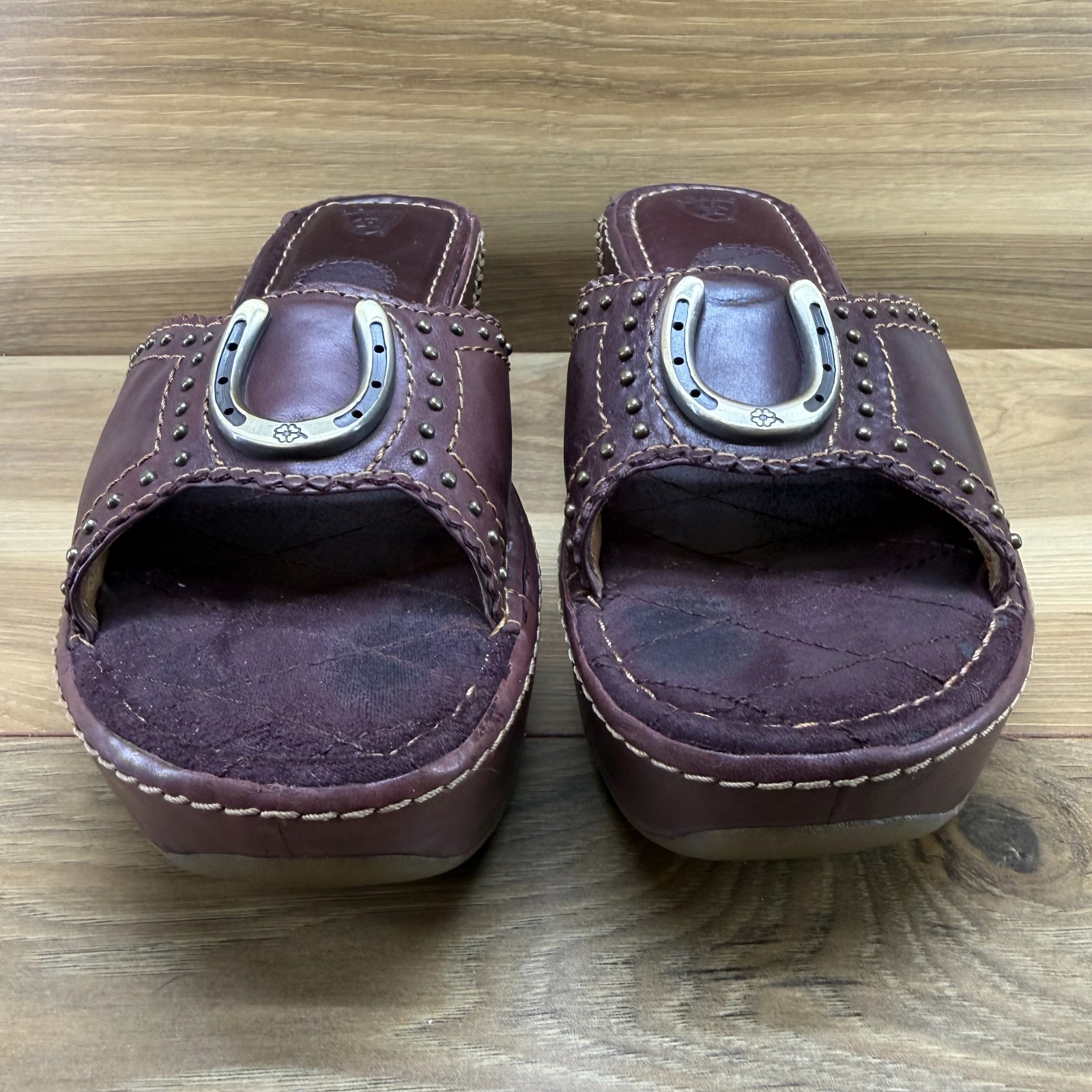 ARIAT Horse Shoe Wedge Chunky Sandals 7.5 M Brown Leather Y2K Slide Slip On