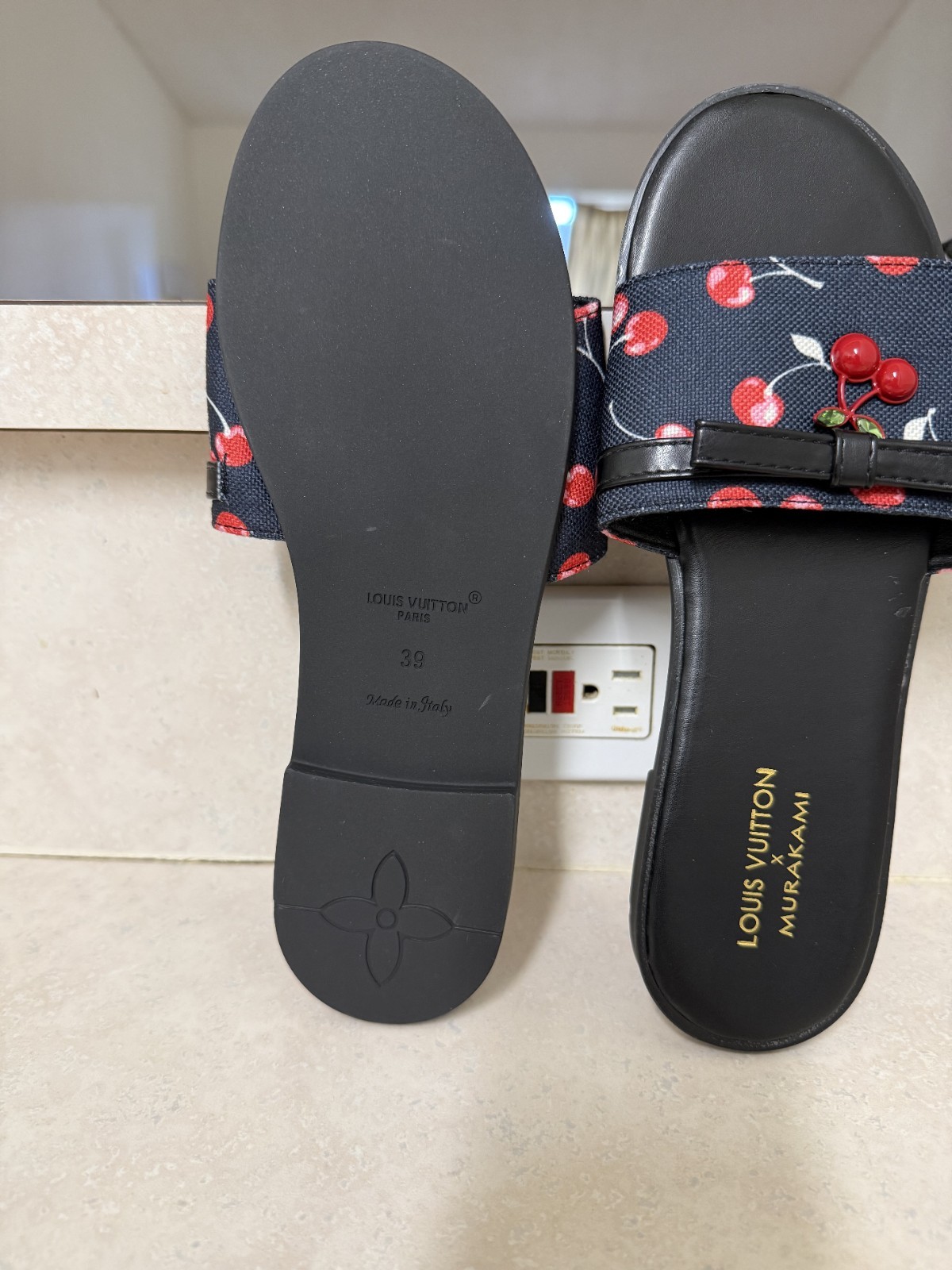 Louis Vuitton Women’s Black/Blue/Red Cherry Logo Slip-On Slide Sandals EU 39