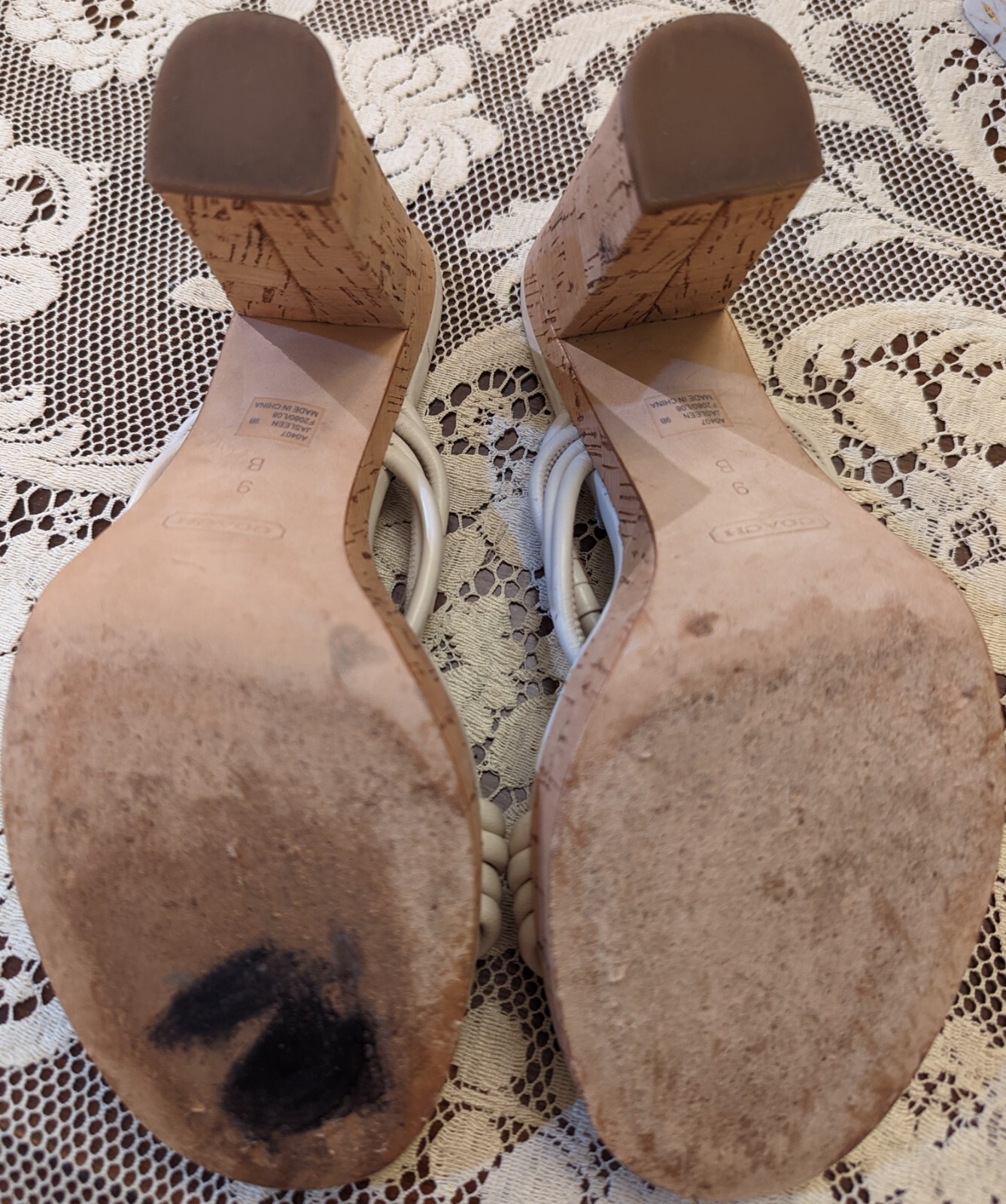COACH 9 WHITE LEATHER JASLEEN STRAPPY SANDAL 4.75″ HIGH CORK HEEL 1.25″ PLATFORM