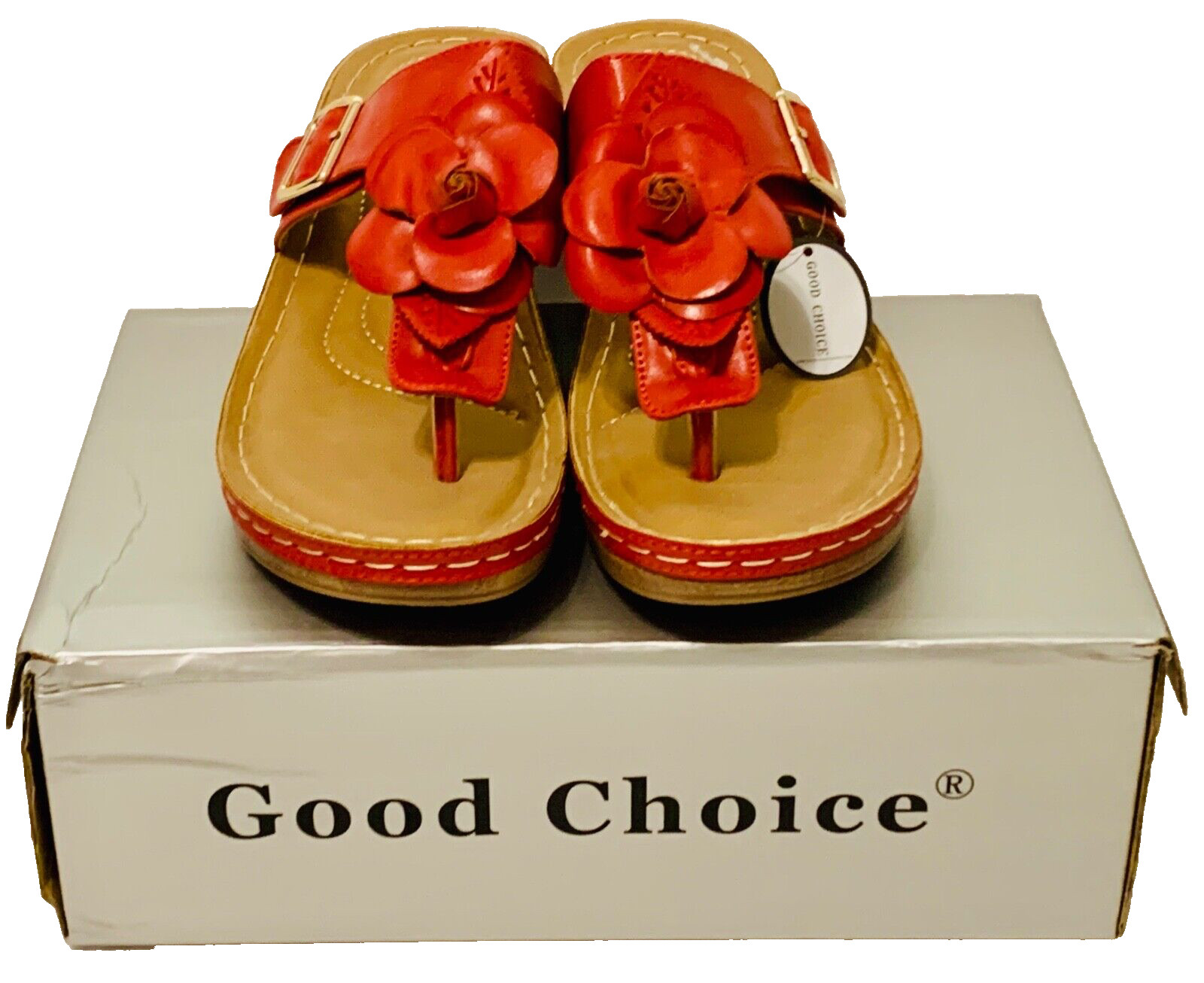 Good Choice Womens Flora 2 Red/Flower 10M Slip-On Thong Wedge Sandals Shoe NIB