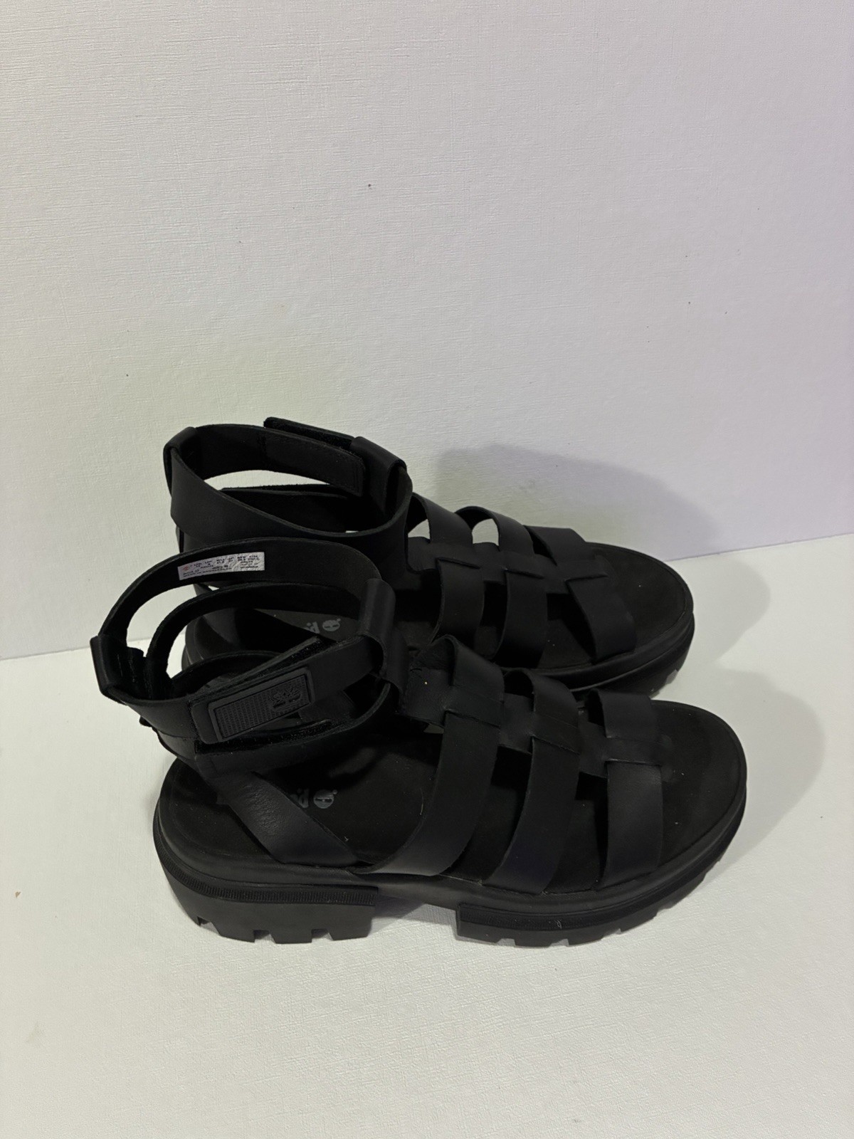 Women’s Timberline Black Leather Strappy Hook & Loop Adjustable Lug Sole Sandals