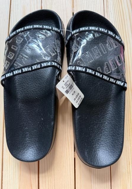 Victoria’s Secret PINK Sandals Slip On Slides Black Clear Strap New Medium 7-8