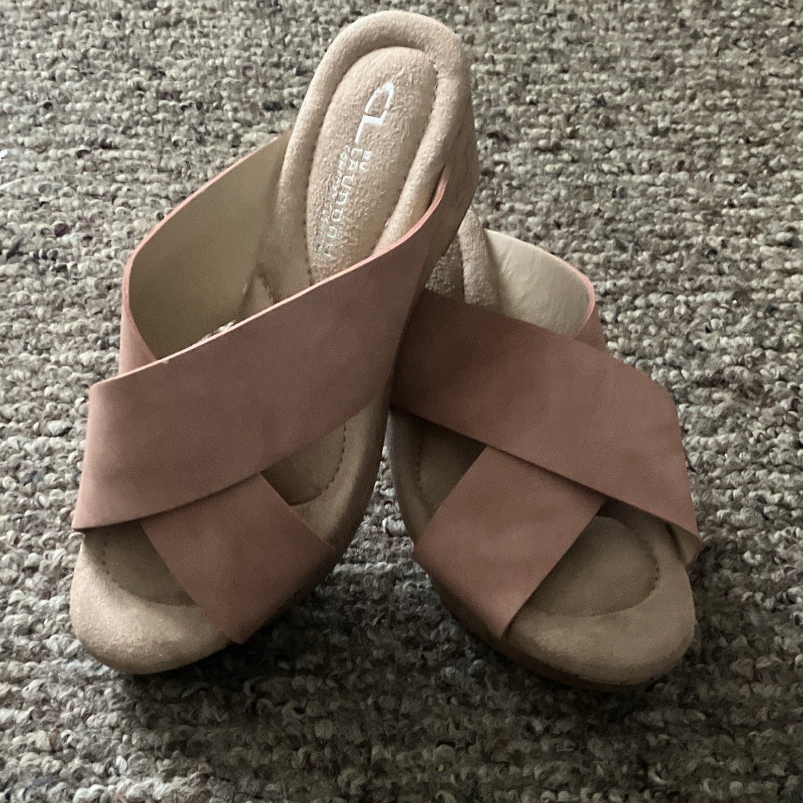 CL By Laundry Crisscross Wedge Slide Sandals Slip-On Straps Pink/Beige US 7