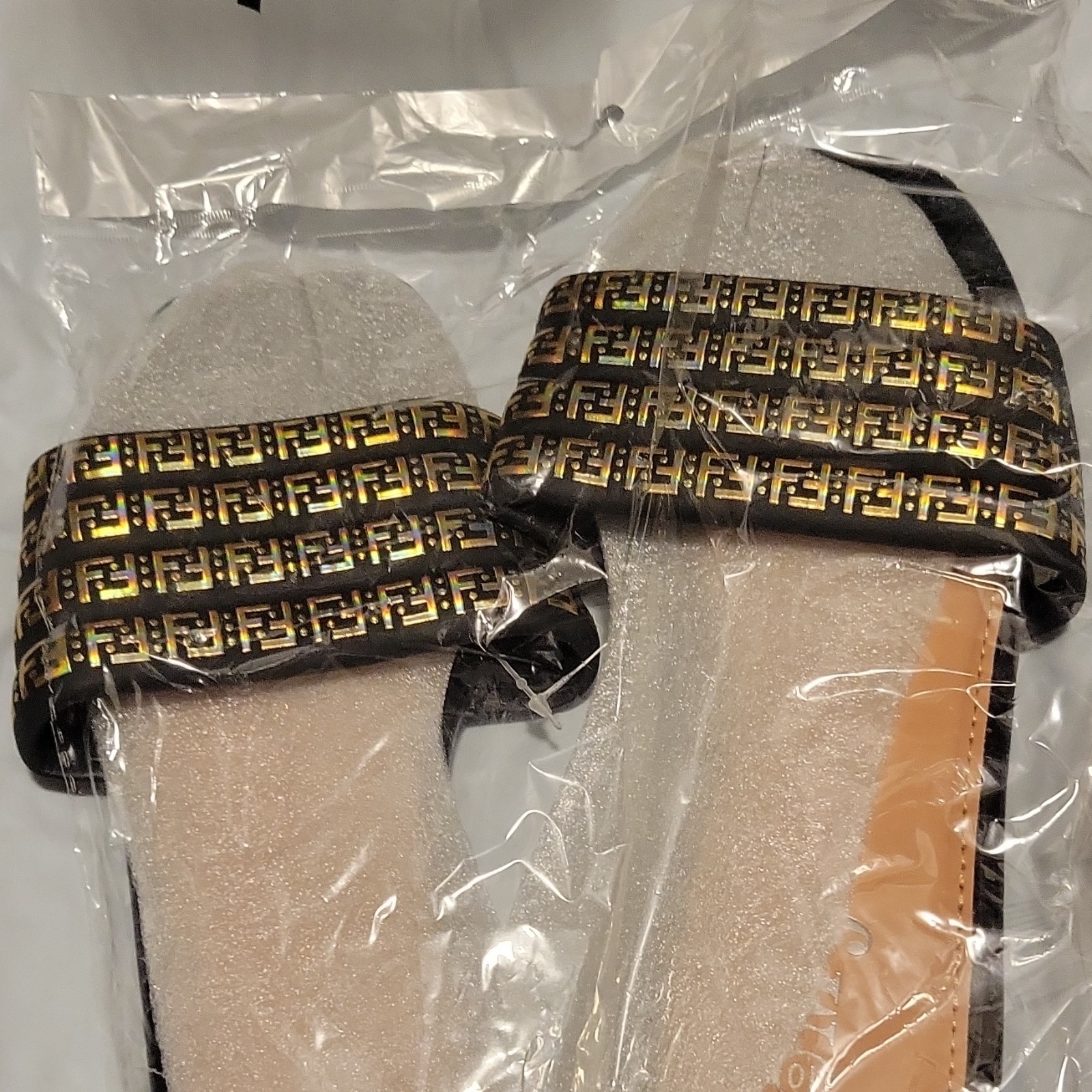 Women’s Black/Gold Slip-On Slide Sandals with Logo Accent, Casual Straps