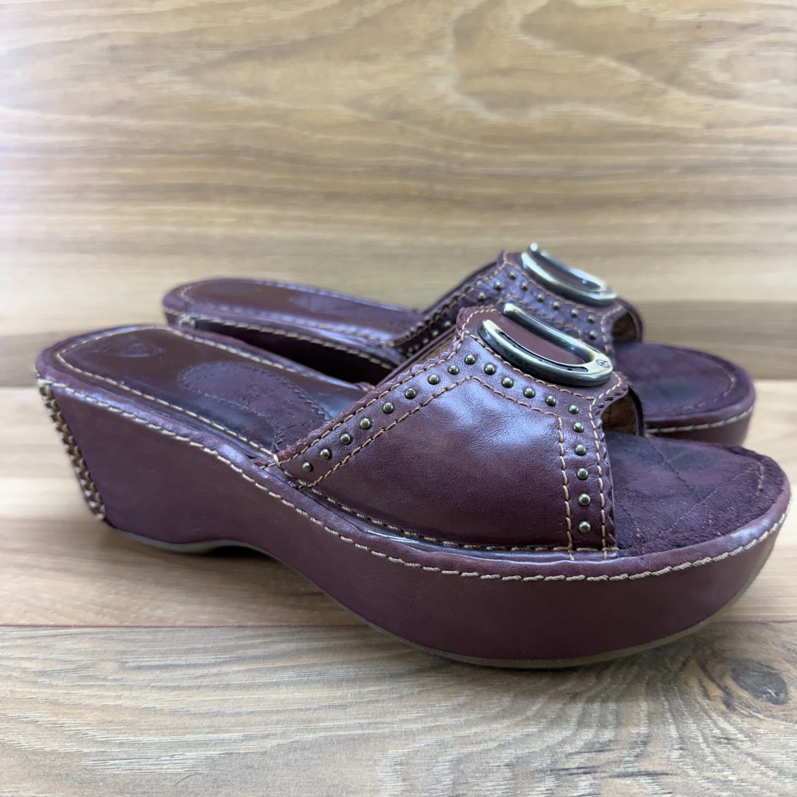 ARIAT Horse Shoe Wedge Chunky Sandals 7.5 M Brown Leather Y2K Slide Slip On