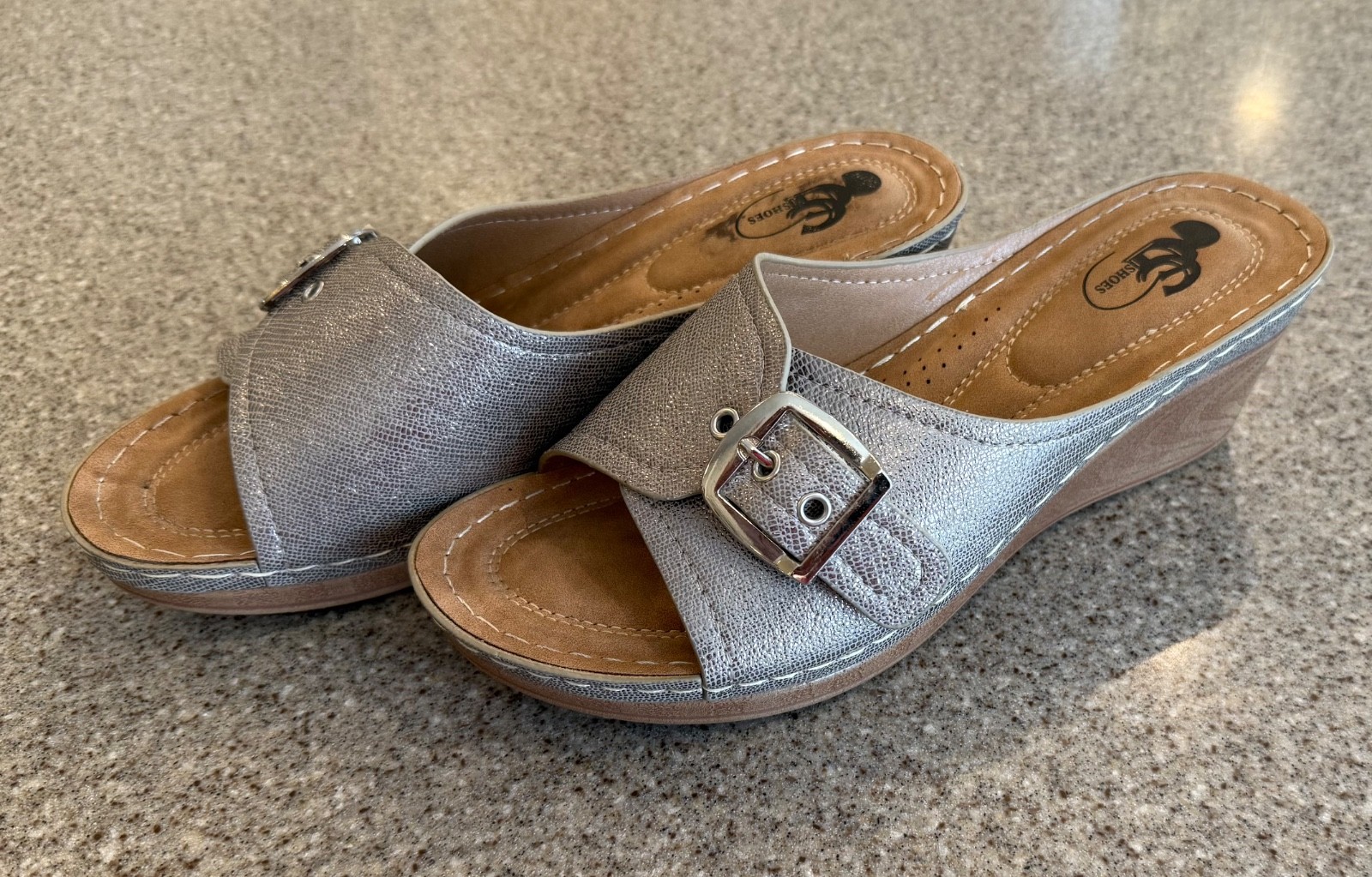 GC GOOD CHOICE “Justina” Silver Shimmery Wedge Buckle Sandals Sz 9W