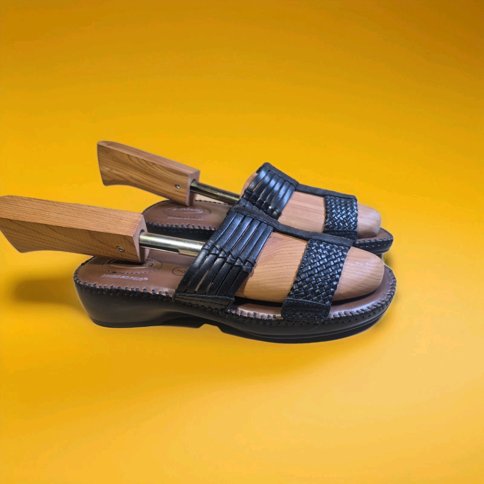 Dr Scholls Sandal Womens 7 Black Leather Betty Double Air Pillo Slip On Beach