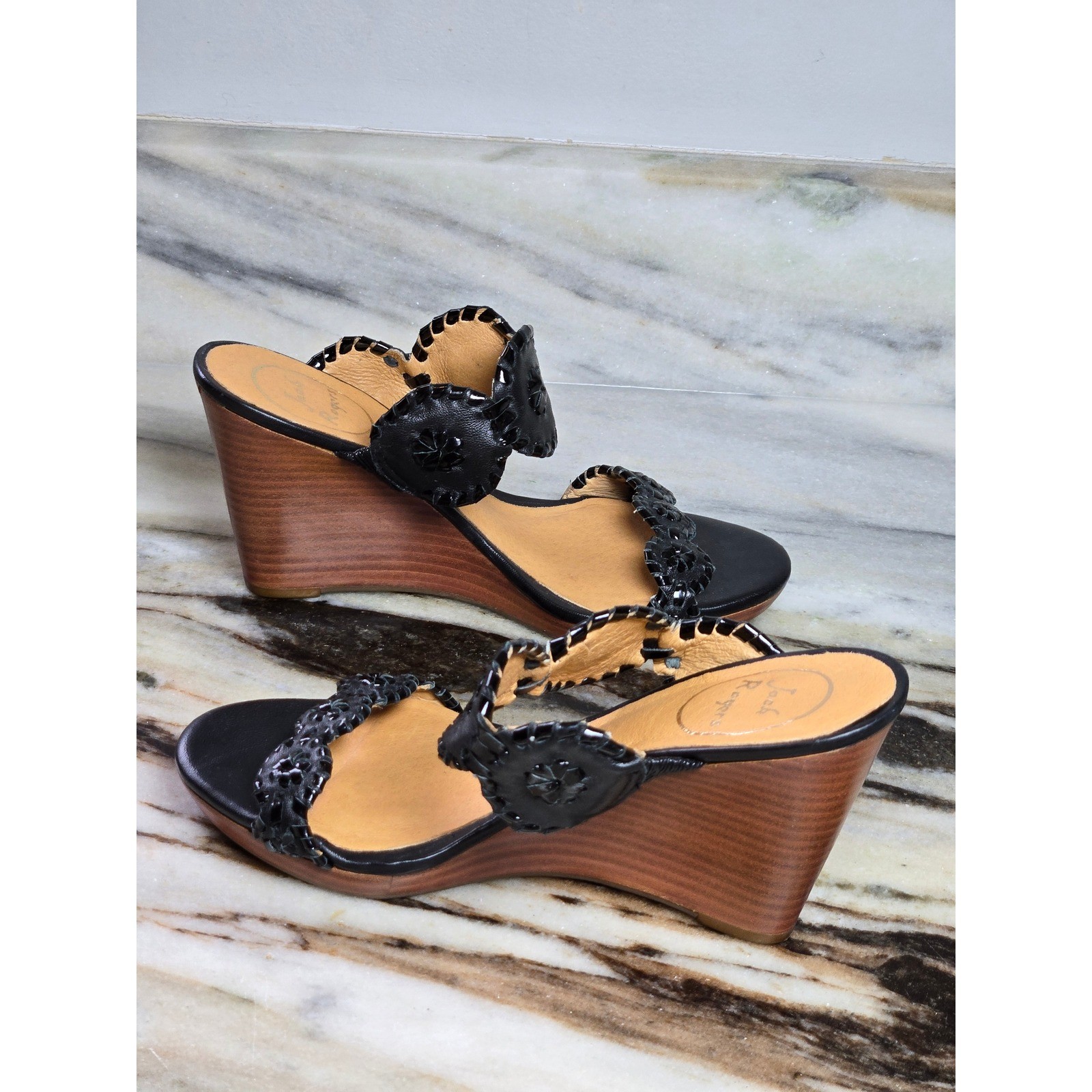Jack Rogers Womens Black Leather Whipstitched Rondelle Wedge Sandals Size 6M