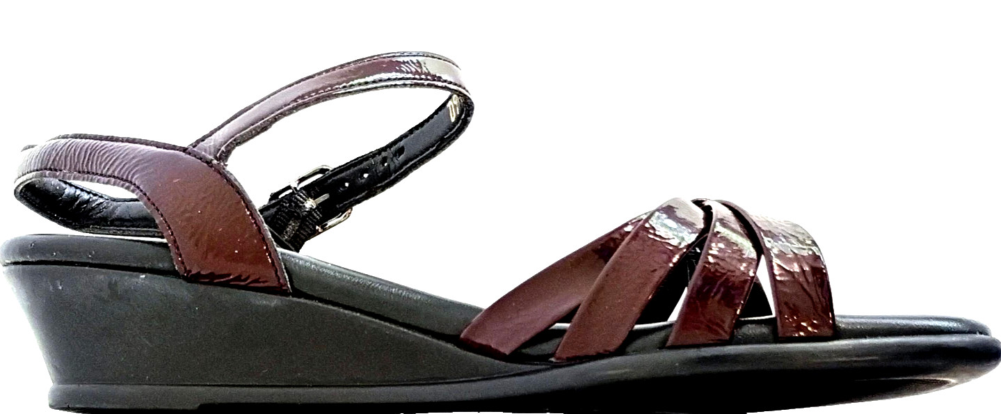SAS TRIP-PAD WOMENS WEDGE HEEL PATENT LEATHER BURGUNDY WINE SLING BACK SANDAL~9W