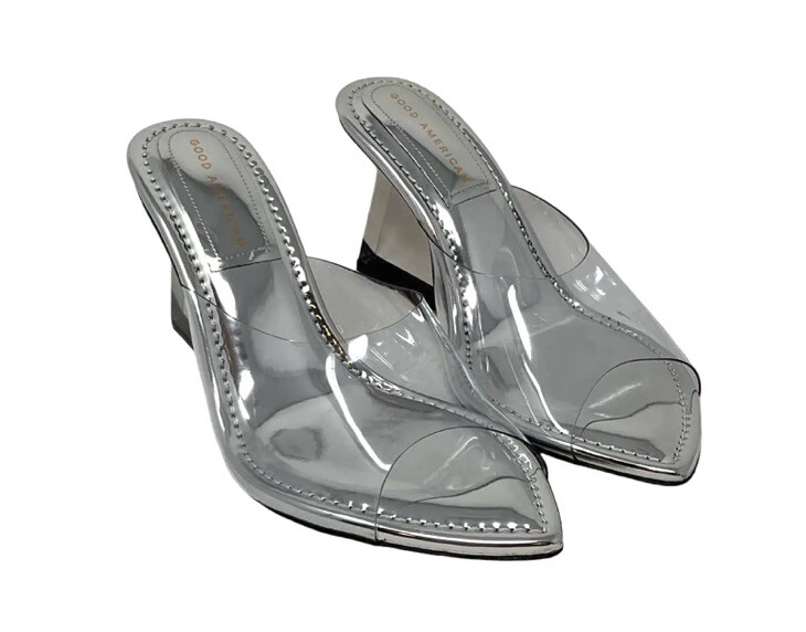 Good American Womens Cinderella Silver Mirror Clear Wedge Sandal Shoes SIZE 8