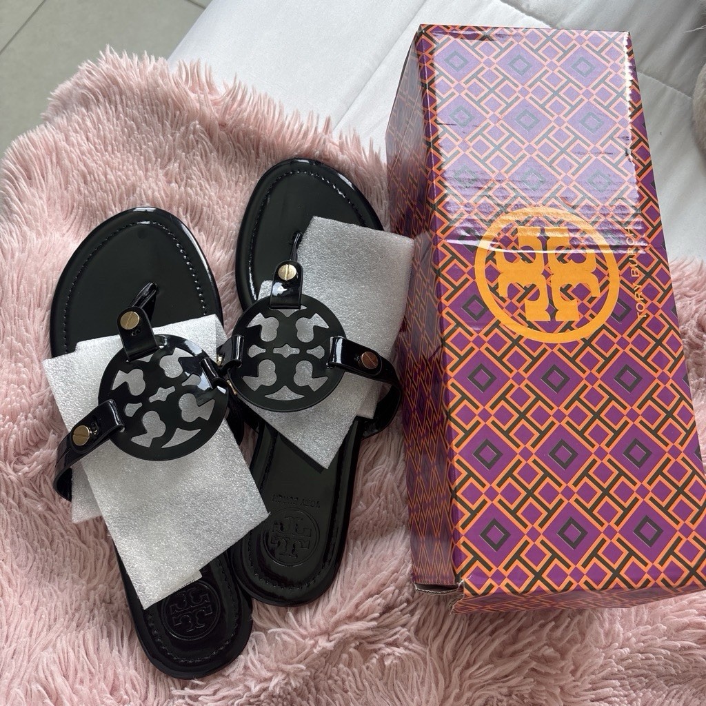 Tory Burch Women’s Black Leather Slide Sandals Slip-On Logo, New w/ Box 9