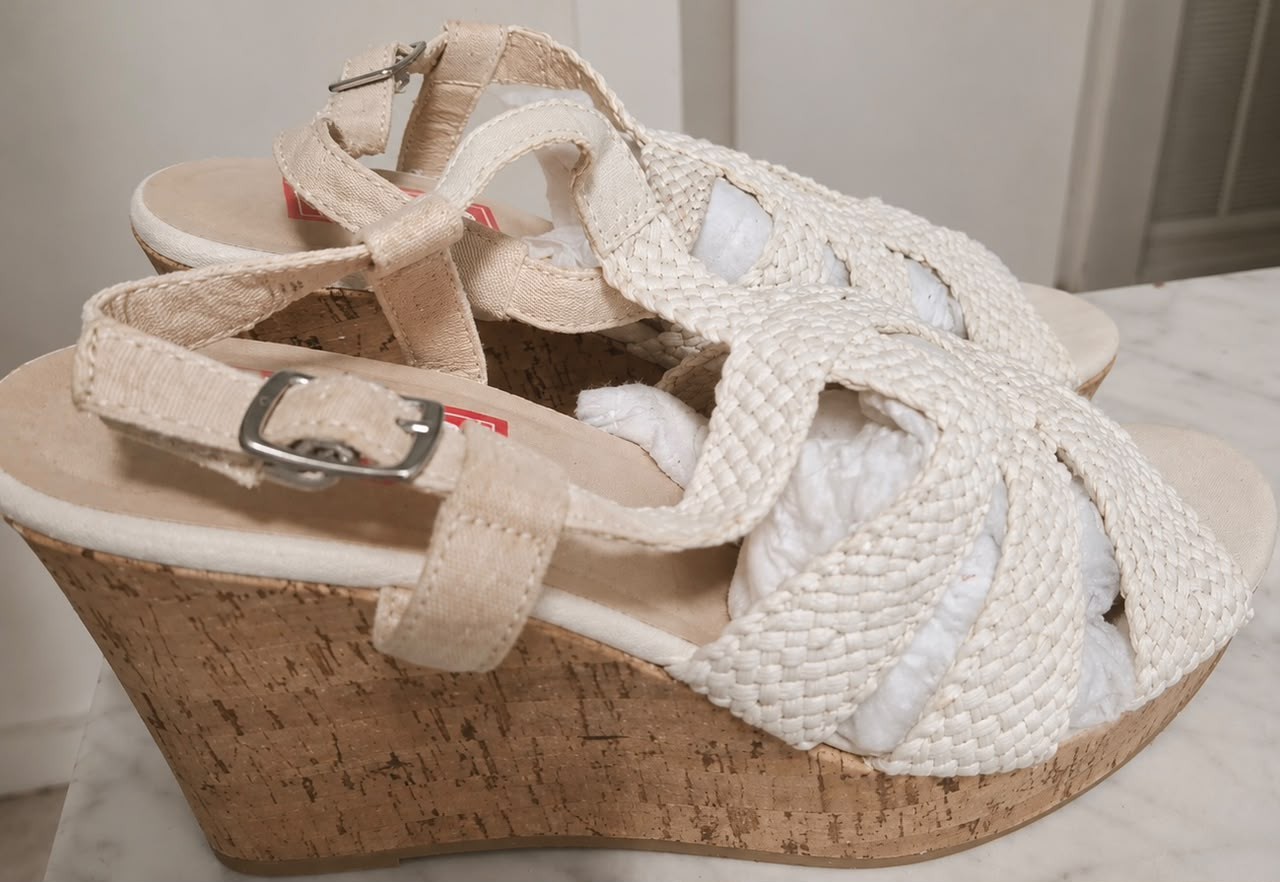 POP Women’s Beige Strappy Wedge Sandals with Buckle Ankle Strap US 11 M