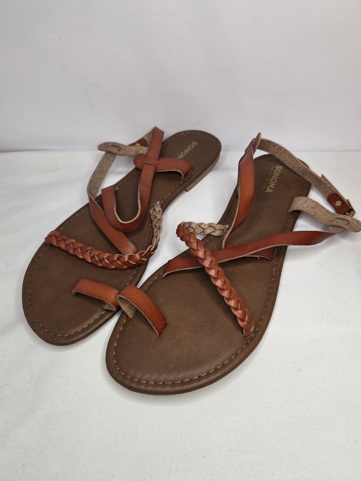 Sz9 Brown Sonoma Braided Leather Toe-Loop Sandals Boho Strappy Flat Summer Shoes